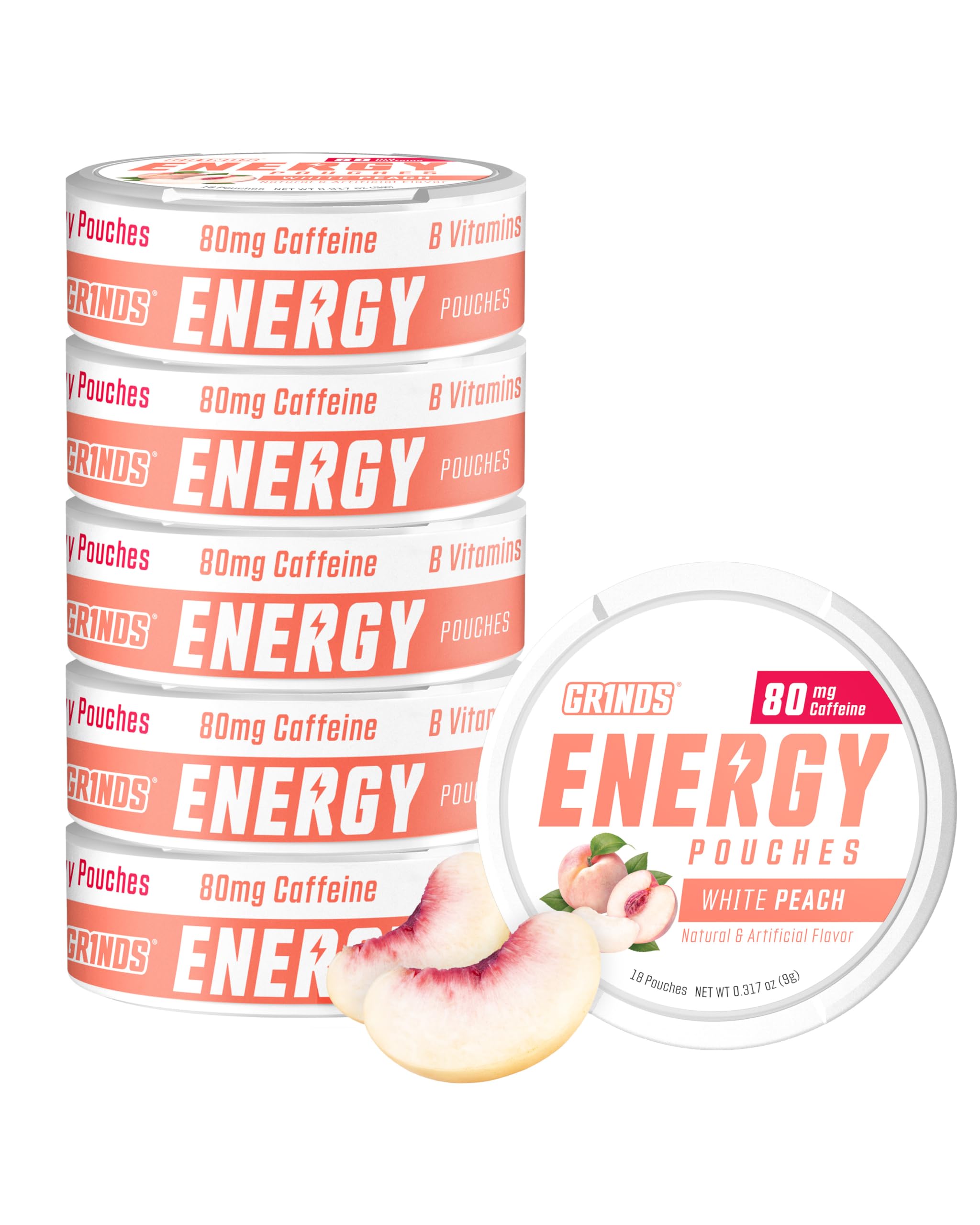 GRINDS lata frontal White Peach mostrando diseño y conveniencia