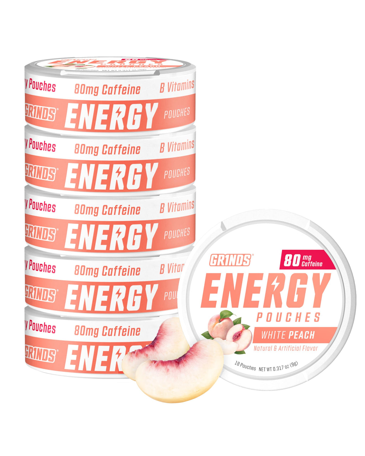 GRINDS lata frontal White Peach mostrando diseño y conveniencia