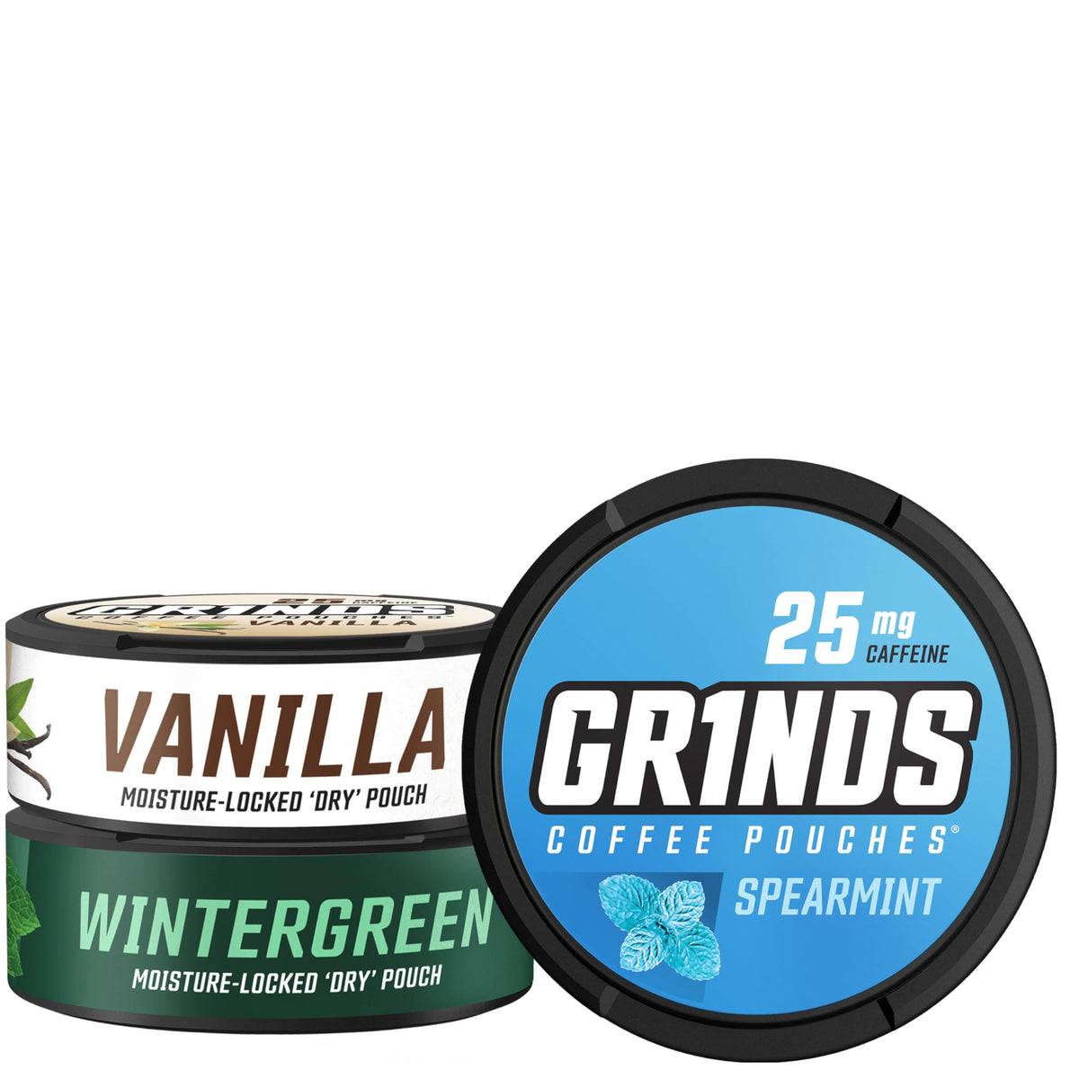 GRINDS lata frontal mostrando sabores y ventaja portátil