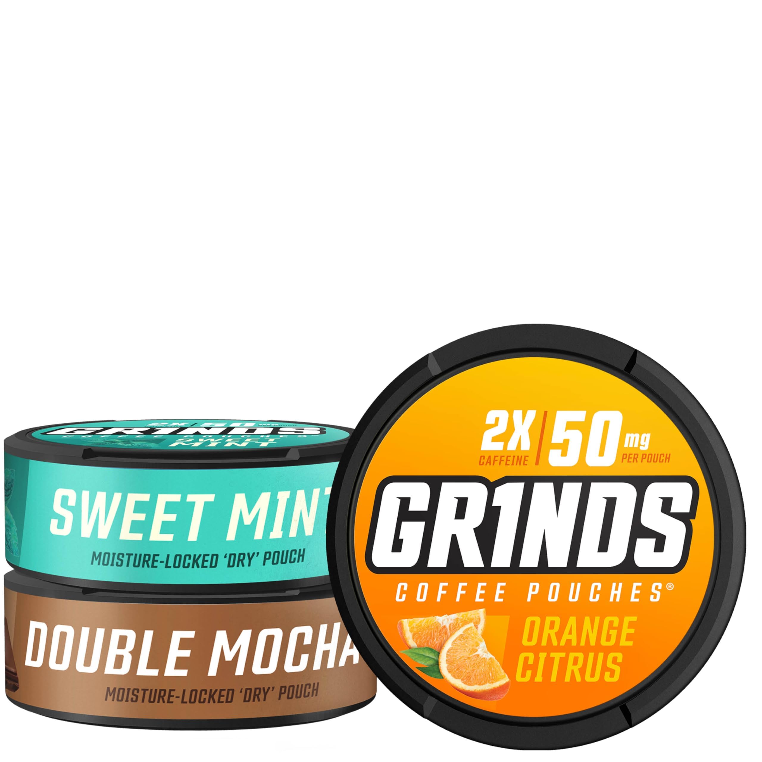 GRINDS lata frontal mostrando diseño y sabores para identificación rápida