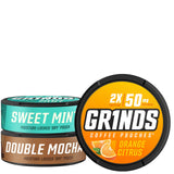 GRINDS lata frontal mostrando diseño y sabores para identificación rápida