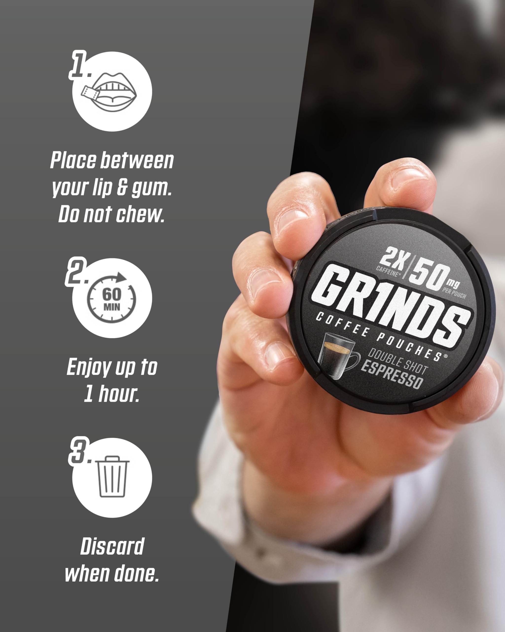 GRINDS latas abiertas con 18 pouches para visualizar cantidad por lata