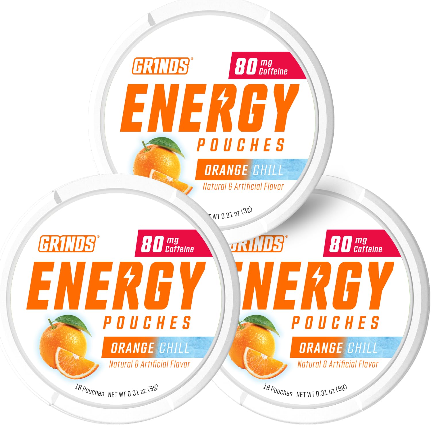 GRINDS lata frontal mostrando diseño blanco y naranja, práctico para llevar