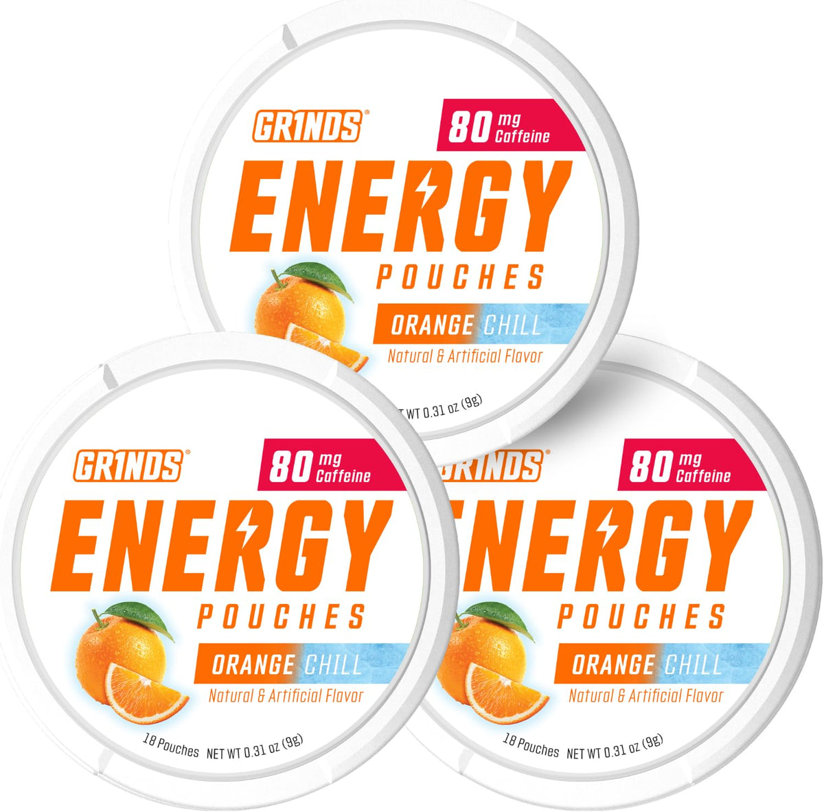 GRINDS lata frontal mostrando diseño blanco y naranja, práctico para llevar