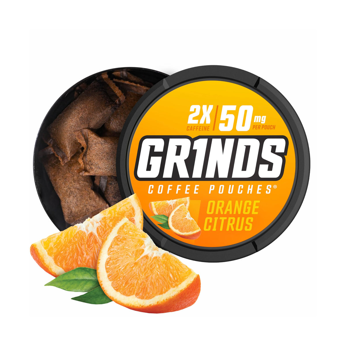 GRINDS lata Orange Citrus frente mostrando diseño y conveniencia