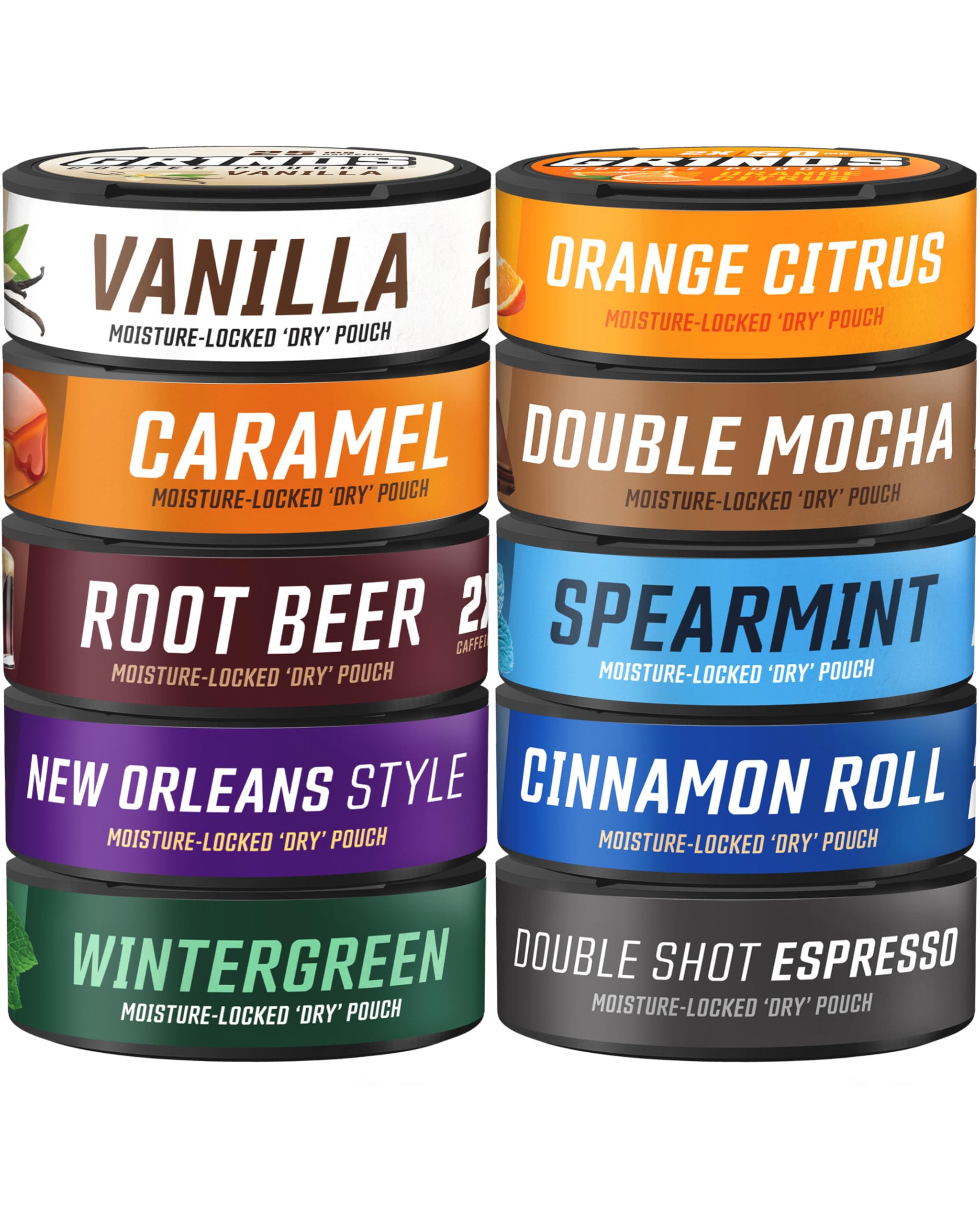 GRINDS pack frontal mostrando las diez latas y variedad de sabores