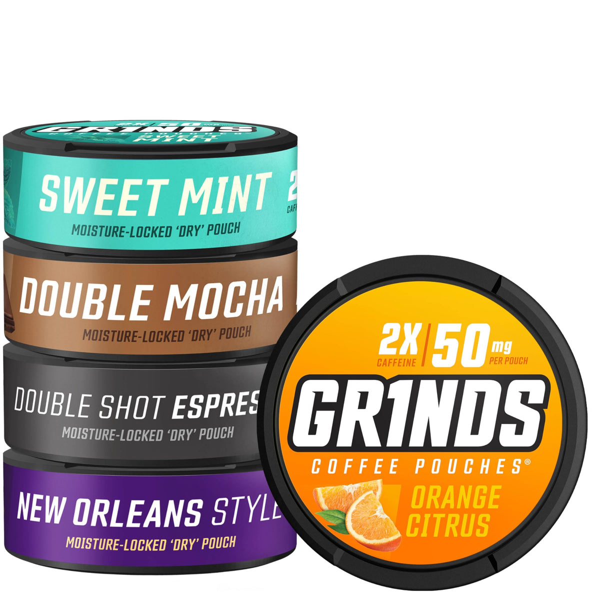 GRINDS pack frontal mostrando las cinco latas, ideal para probar sabores