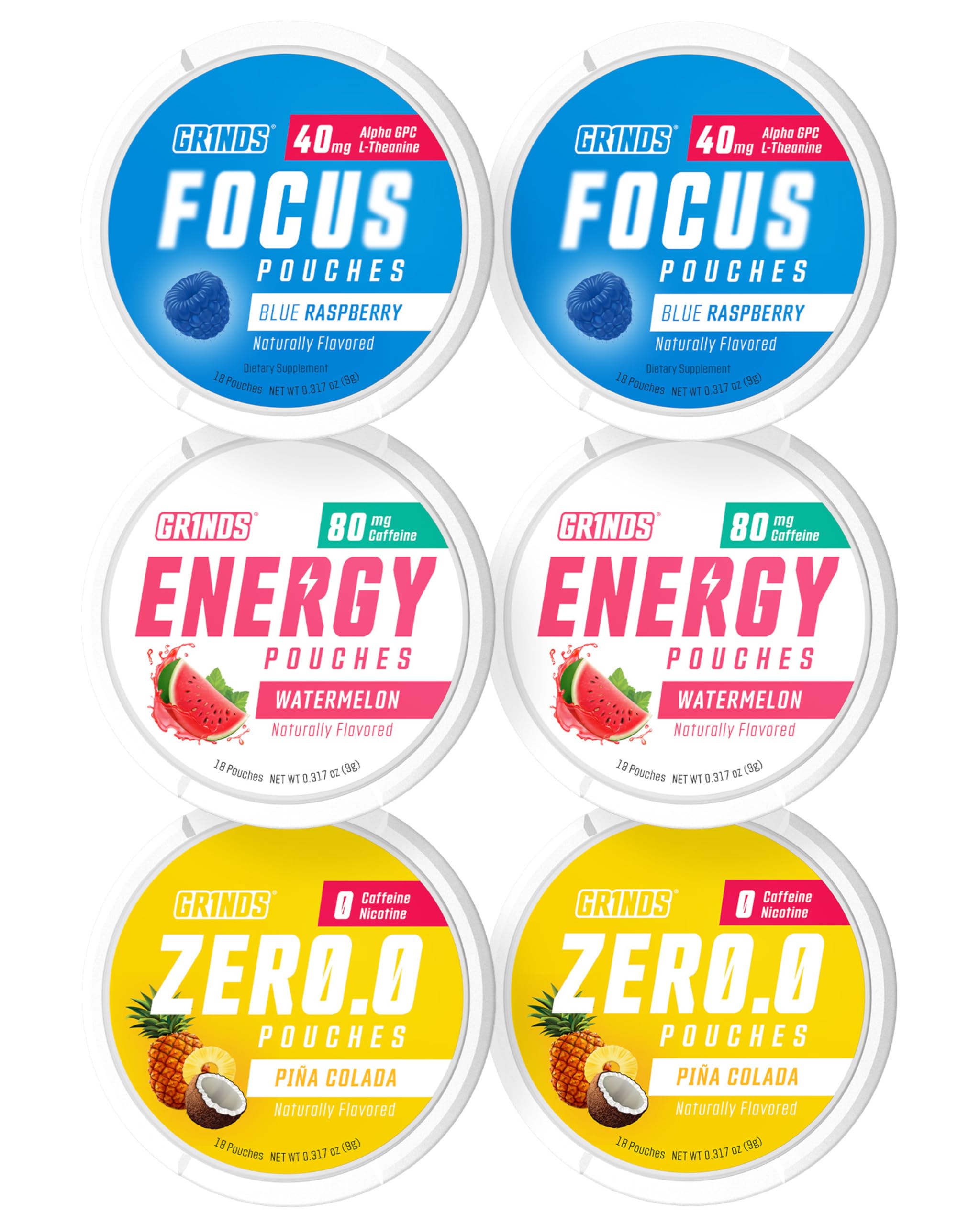 GRINDS empaque frontal del Performance Sampler Pack mostrando los sabores y beneficios.
