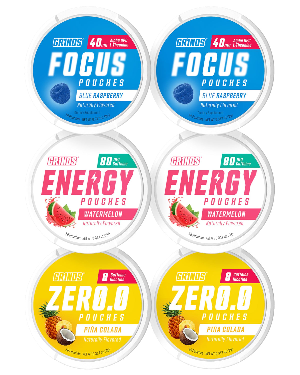 GRINDS empaque frontal del Performance Sampler Pack mostrando los sabores y beneficios.