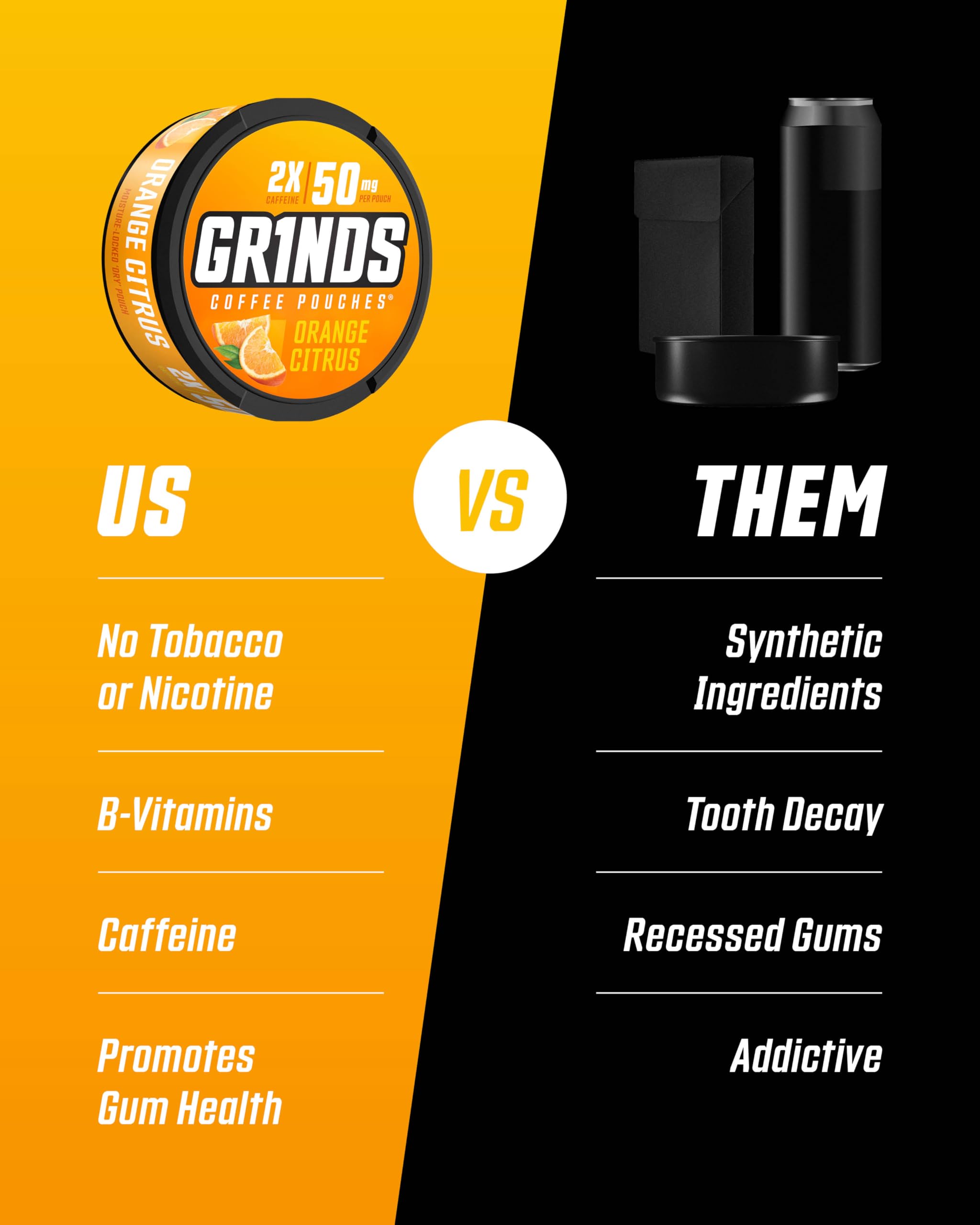 GRINDS pouch en uso entre mejilla y encía para energía discreta