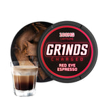 GRINDS lata frontal mostrando diseño y información, conveniente para llevar