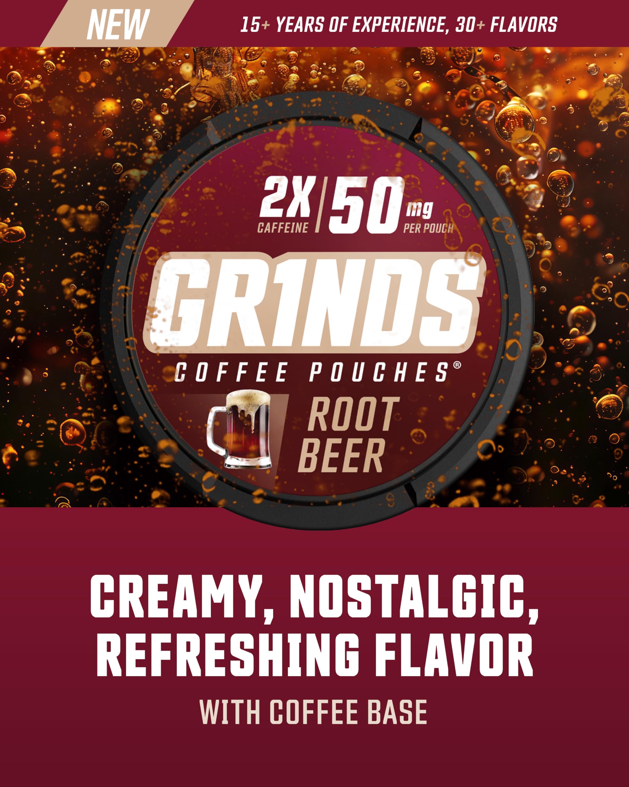 Primer plano de un pouch Grinds Root Beer y su tamaño práctico