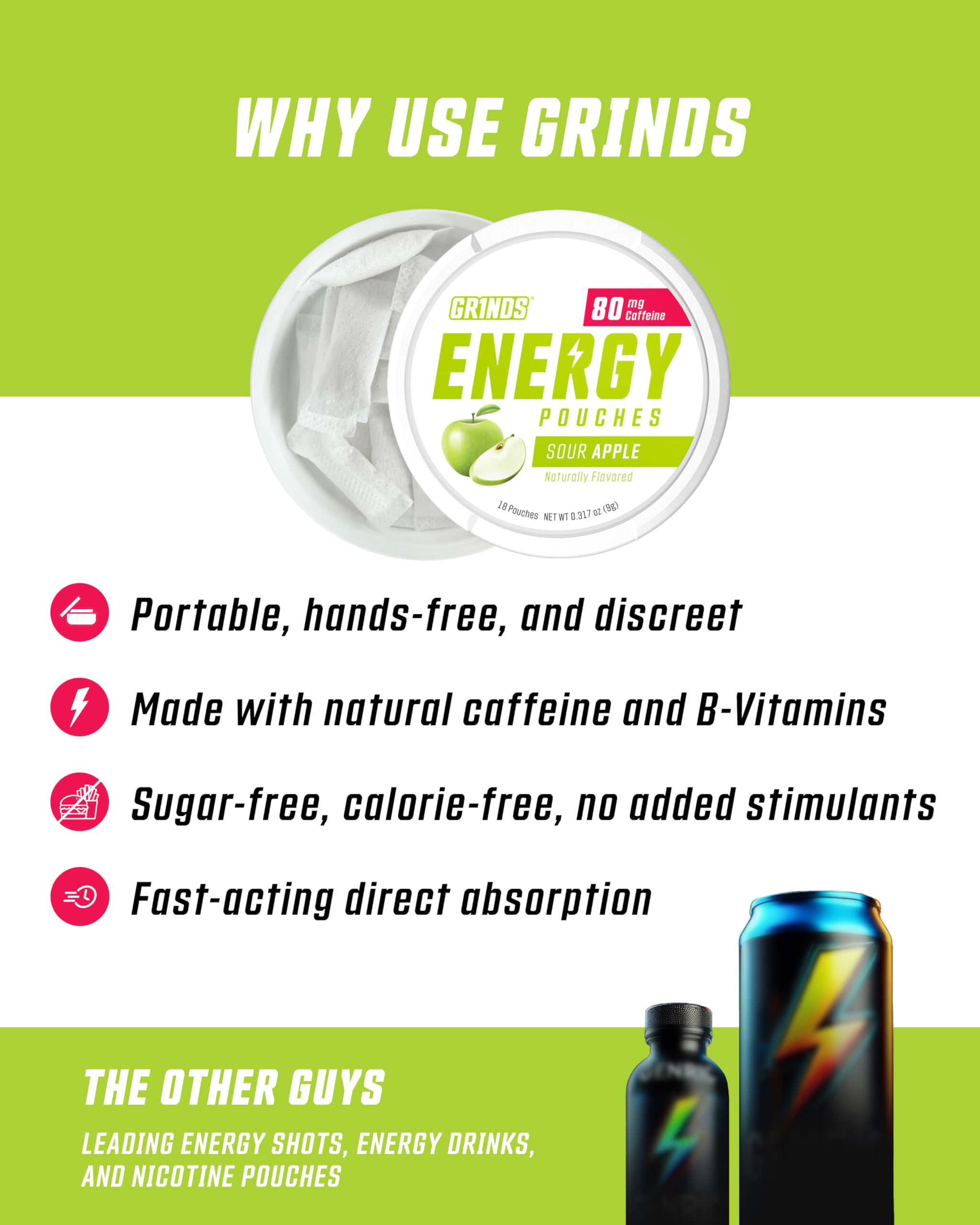 GRINDS detalle de etiqueta con información de cafeína y vitaminas