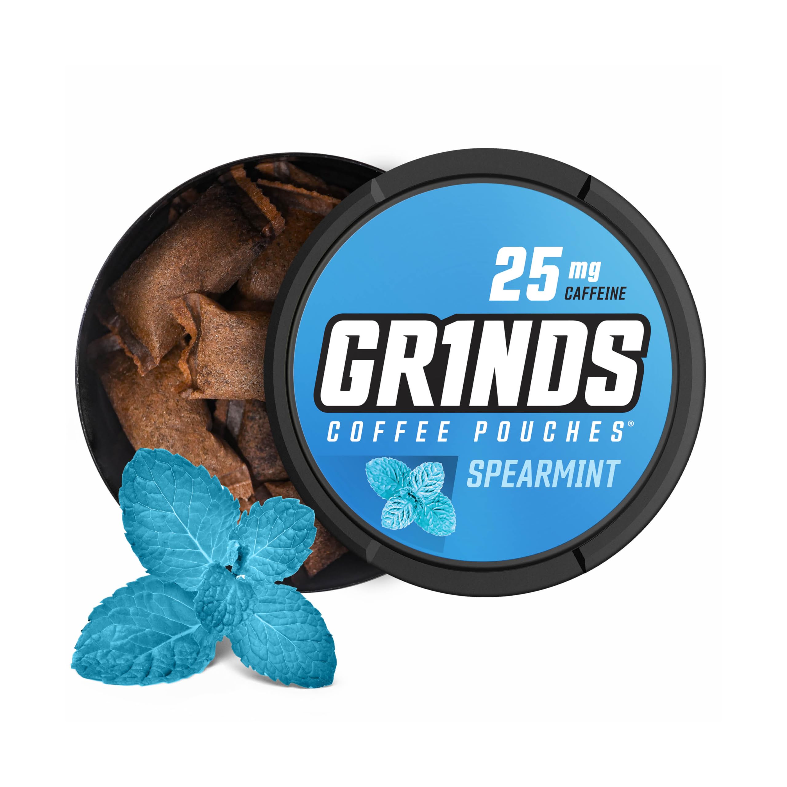 Grinds lata frontal mostrando diseño y frescura spearmint, beneficio energía portátil