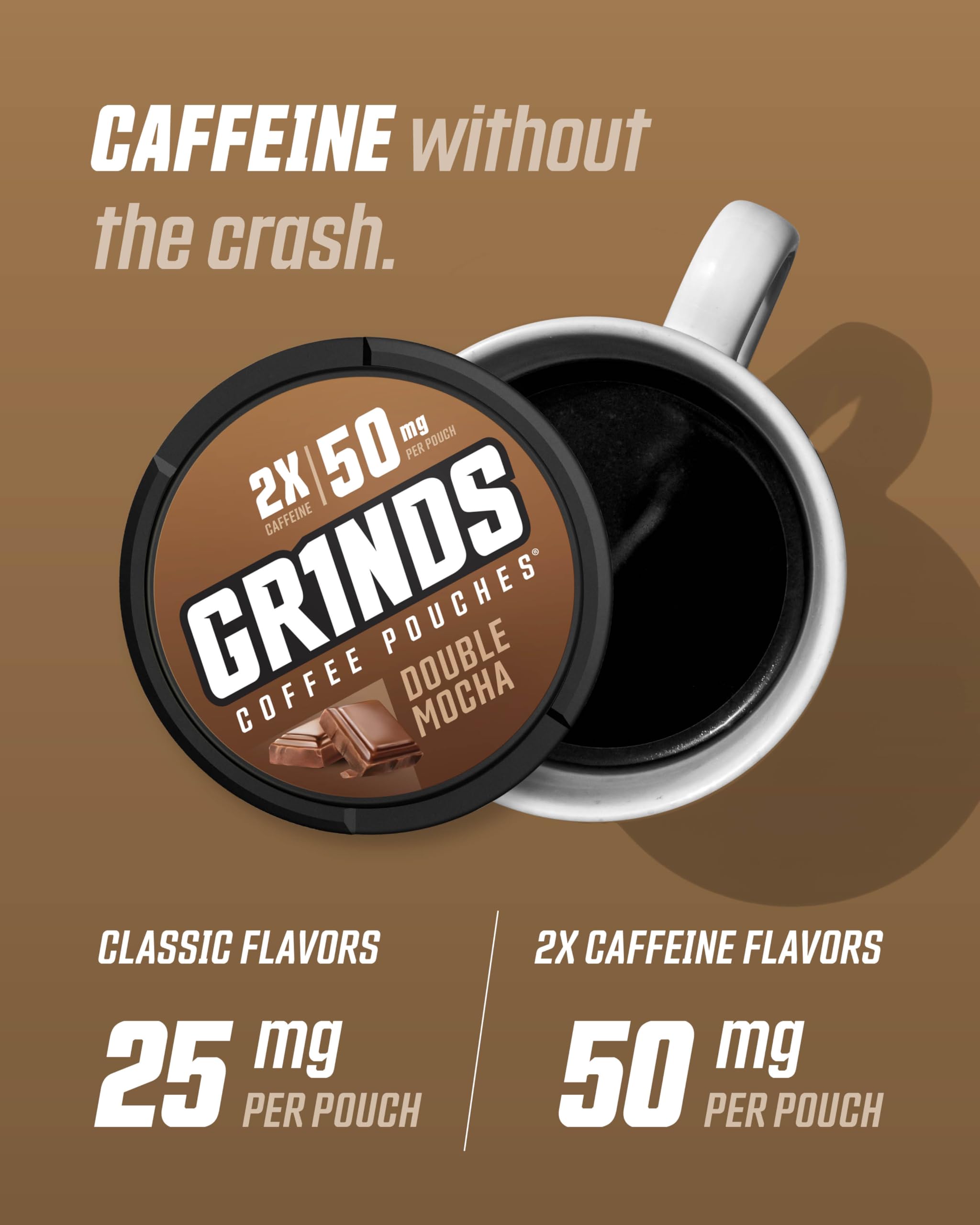 GRINDS pouch en mano en uso, portabilidad y energía sin café líquido