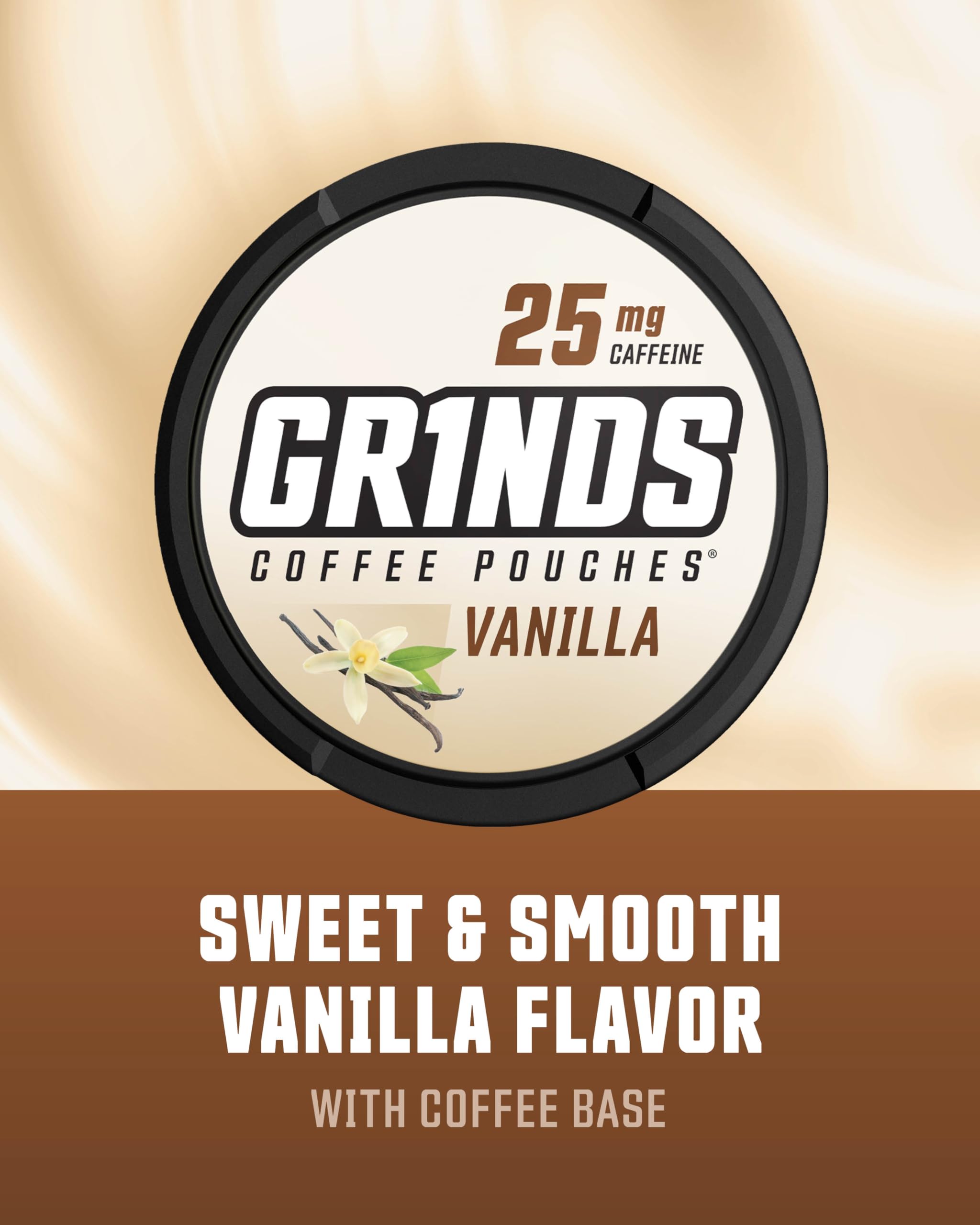 GRINDS primer plano de una bolsita Vainilla, detalle sellado y fácil uso