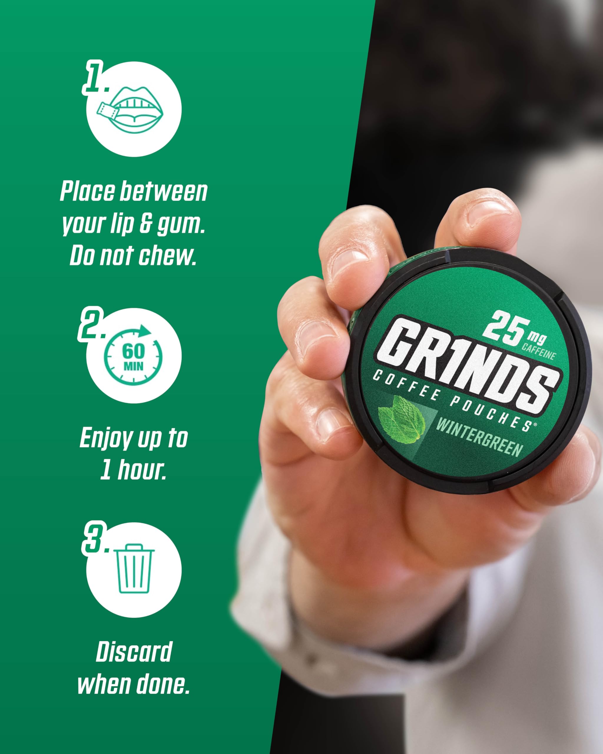 GRINDS comparación de tamaño en mano para escala, fácil transporte