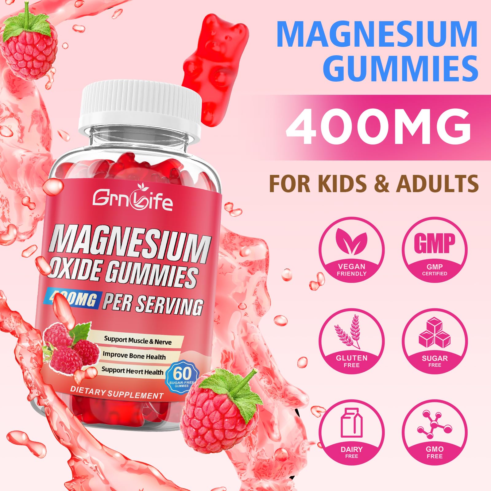 Etiqueta GrnLife con información nutricional y 400 mg de magnesio por porción, claridad en ingredientes
