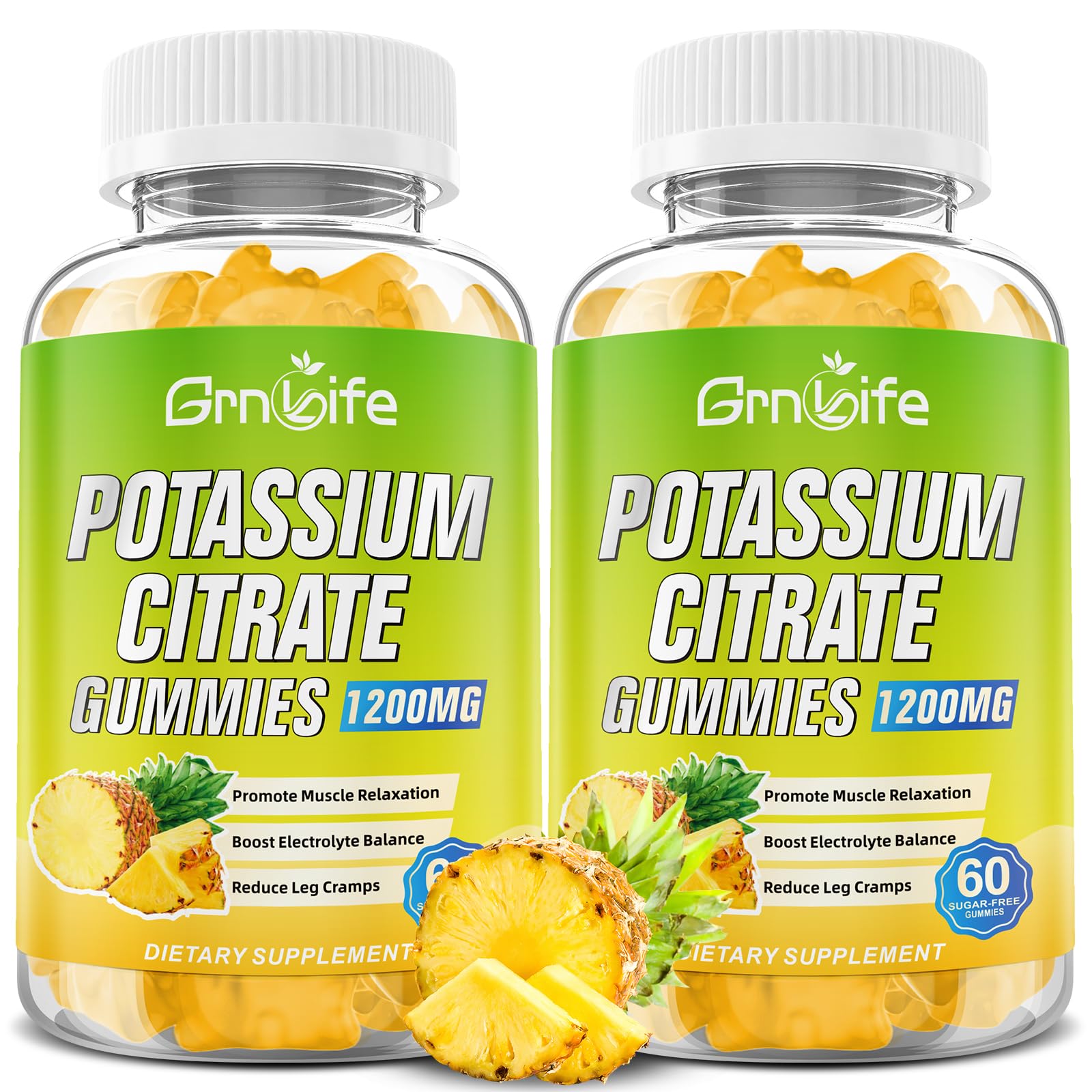 GrnLife envase frontal de gomitas de potasio sabor piña, fácil identificación y confianza
