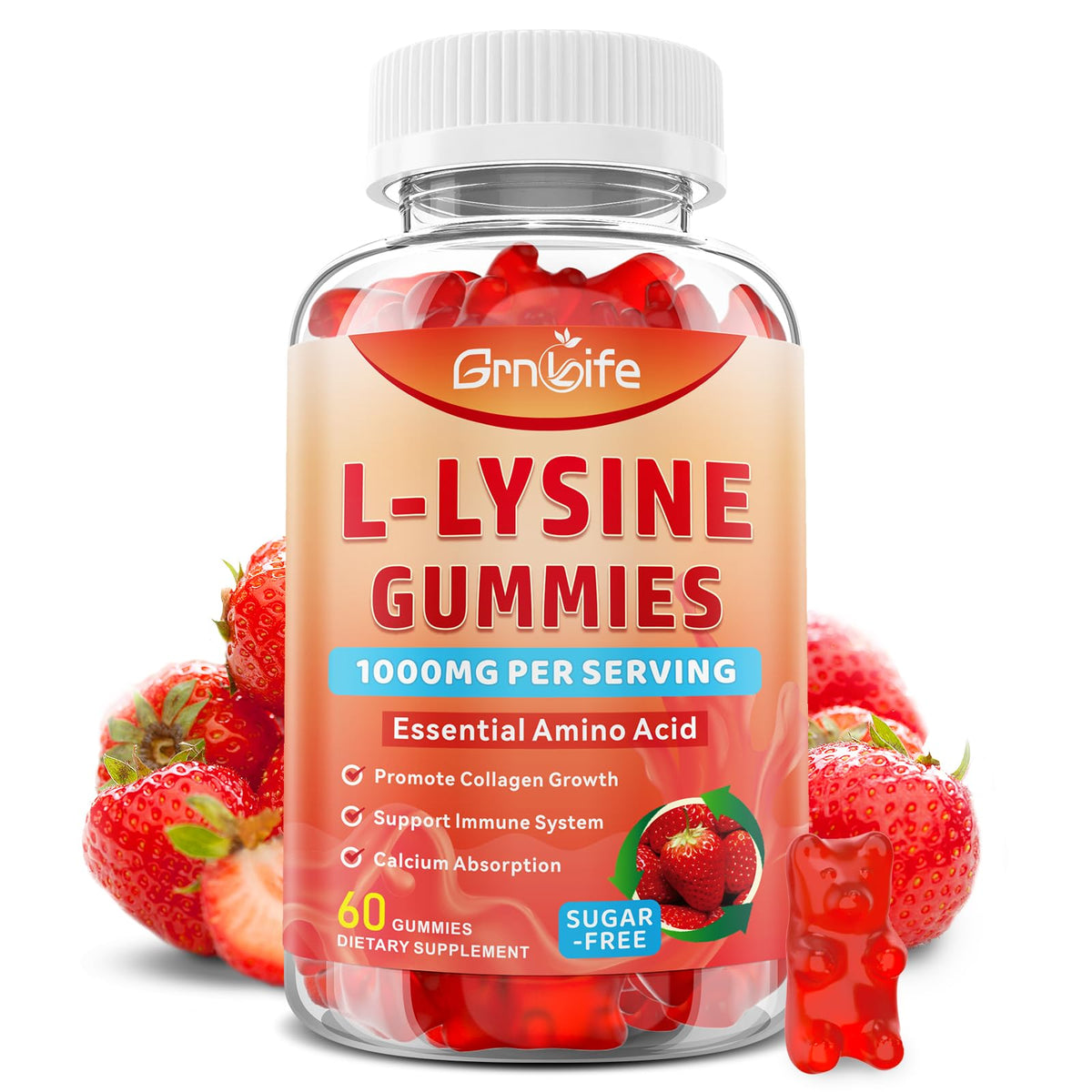 GrnLife frasco frontal mostrando etiqueta y beneficio de dos gominolas por dosis