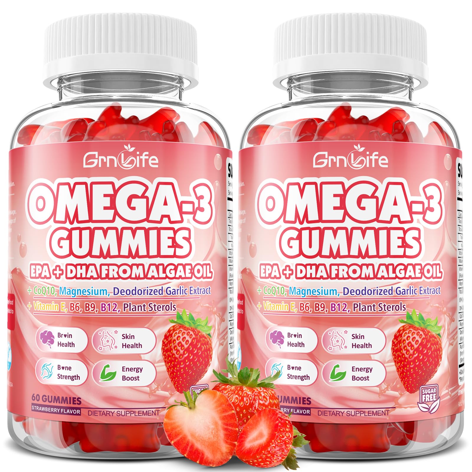 GrnLife frasco frontal de gomitas omega‑3 veganas, presentación clara y sostenible