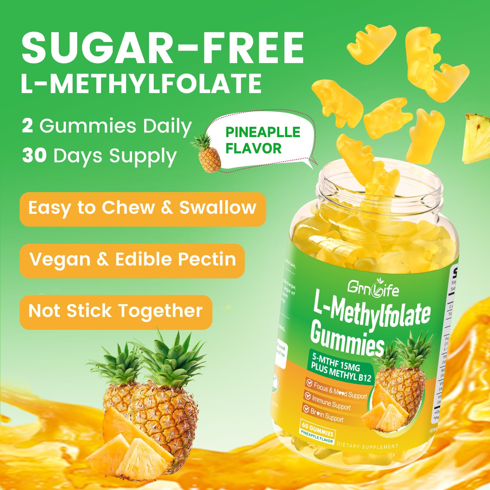 GrnLife primer plano de una gomita sabor piña que resalta atractivo