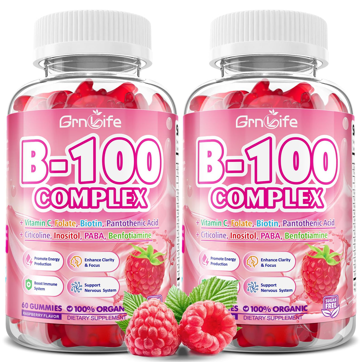 GrnLife frasco frontal de gomitas B Complex mostrando etiqueta clara y beneficio energético