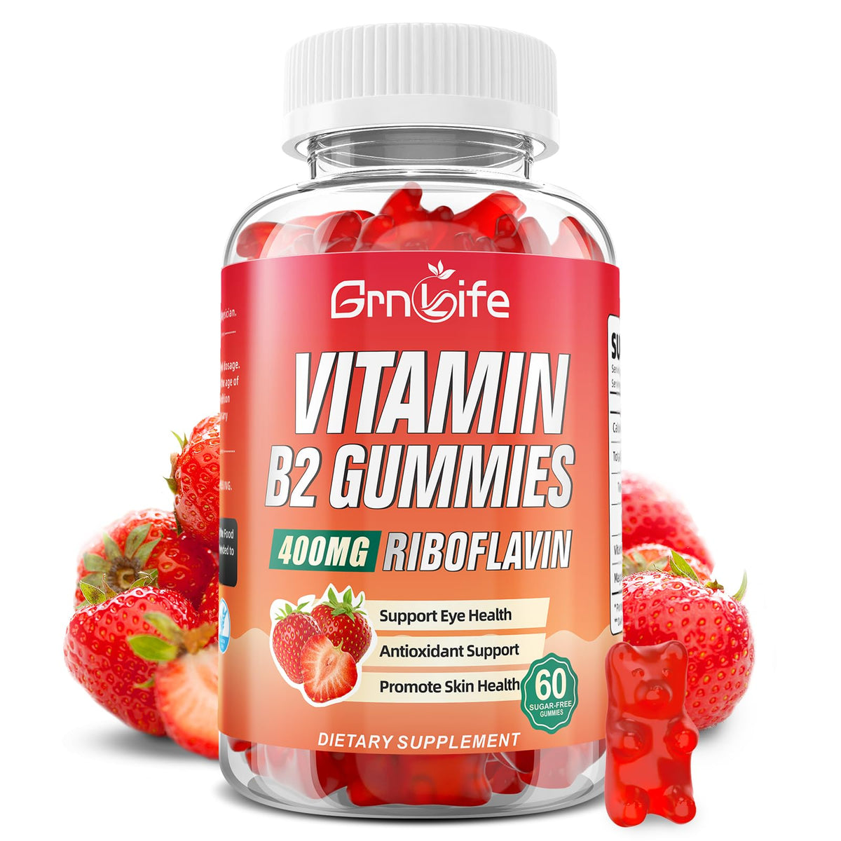 GrnLife envase frontal de gomitas B2 con etiqueta clara y beneficio energético