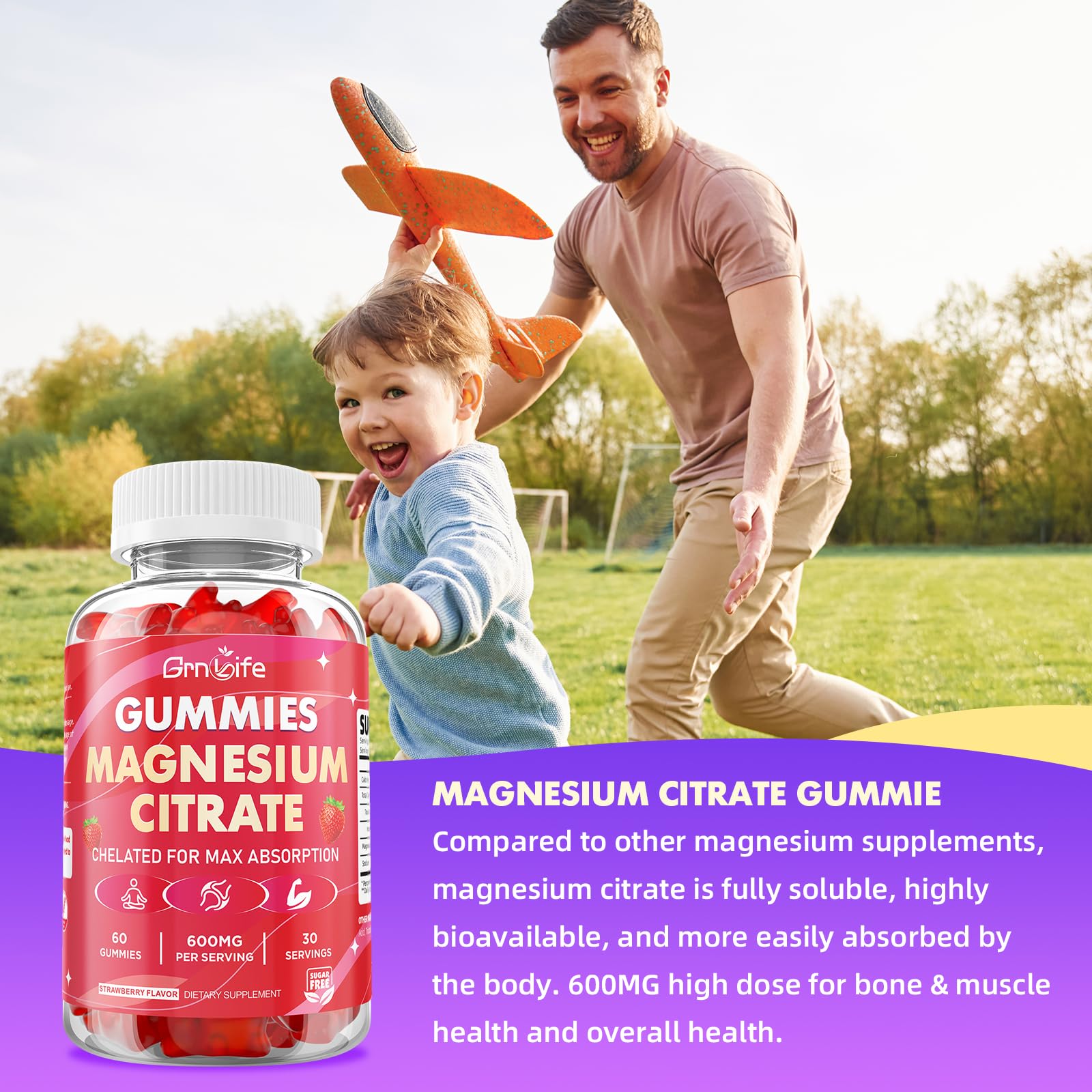 GrnLife gomitas magnesio con fresas, sabor fresa natural que mejora la adherencia
