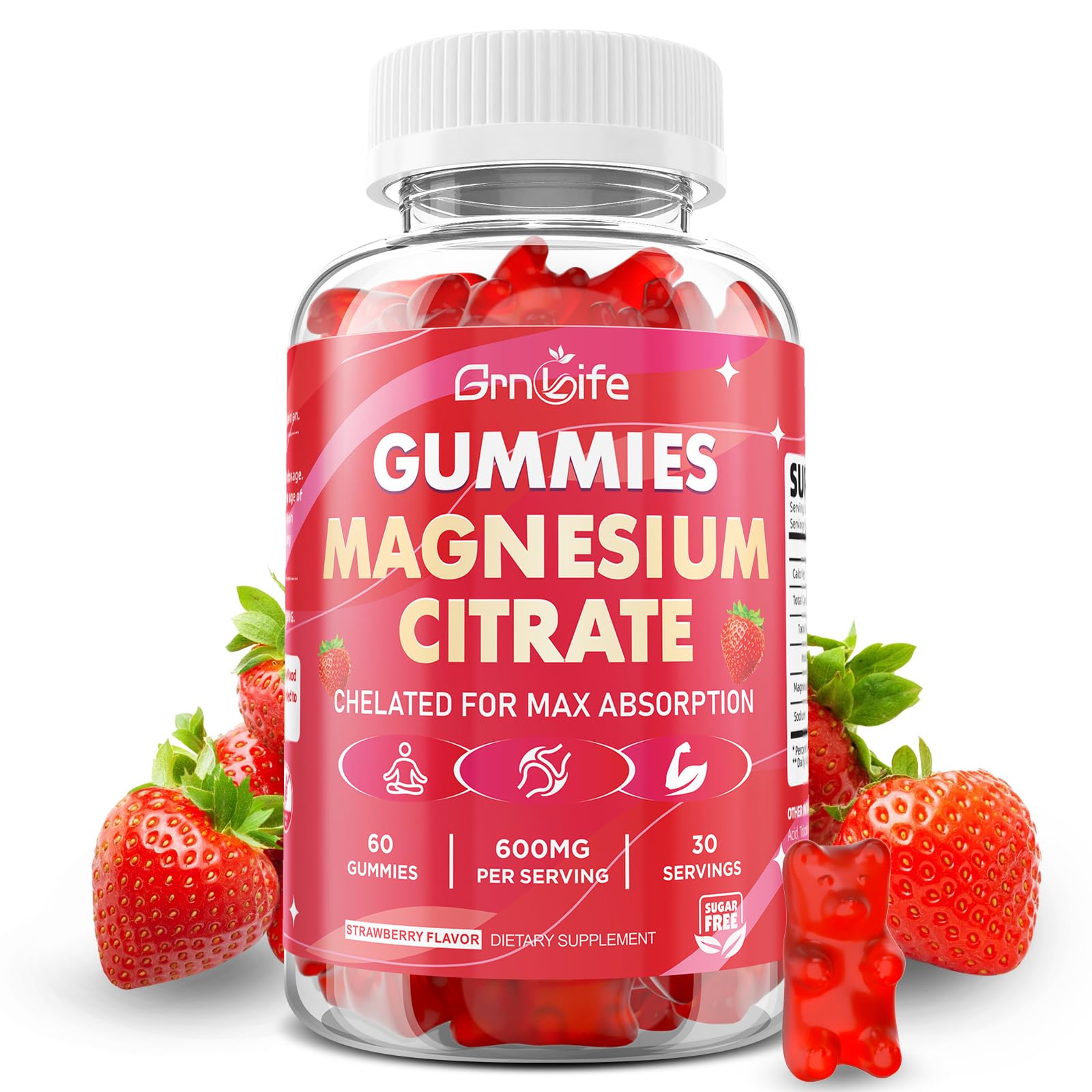 GrnLife gomitas magnesio vista frontal, presentación clara y beneficios prácticos