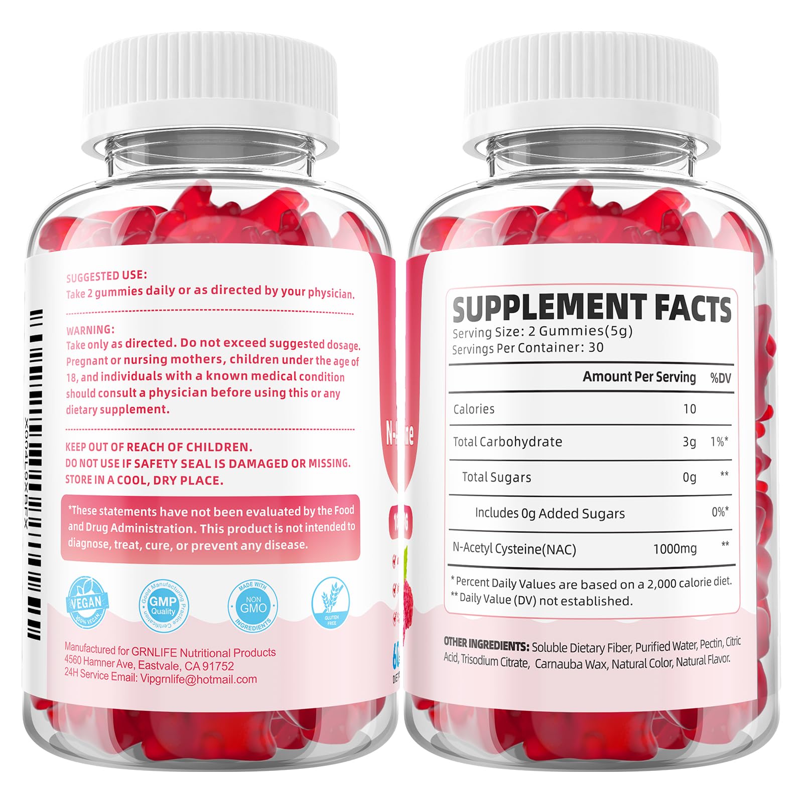 GrnLife comparación de tamaño y dosis, dos gominolas equivalen a 1000 mg