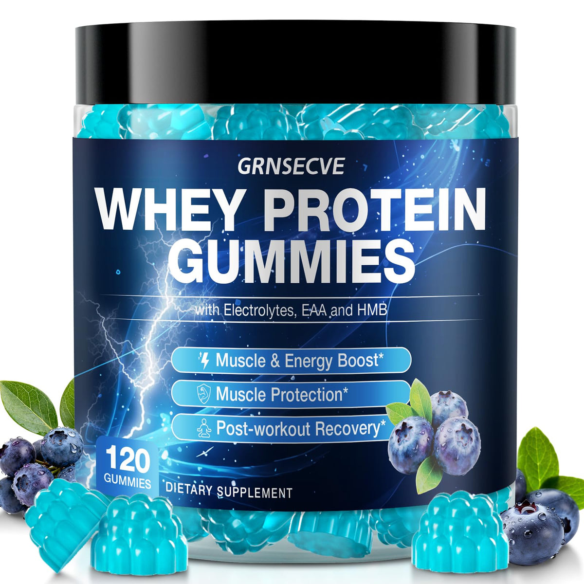 GRNSECVE frasco frontal de Whey Protein Gummies con 120 unidades mostrando etiqueta