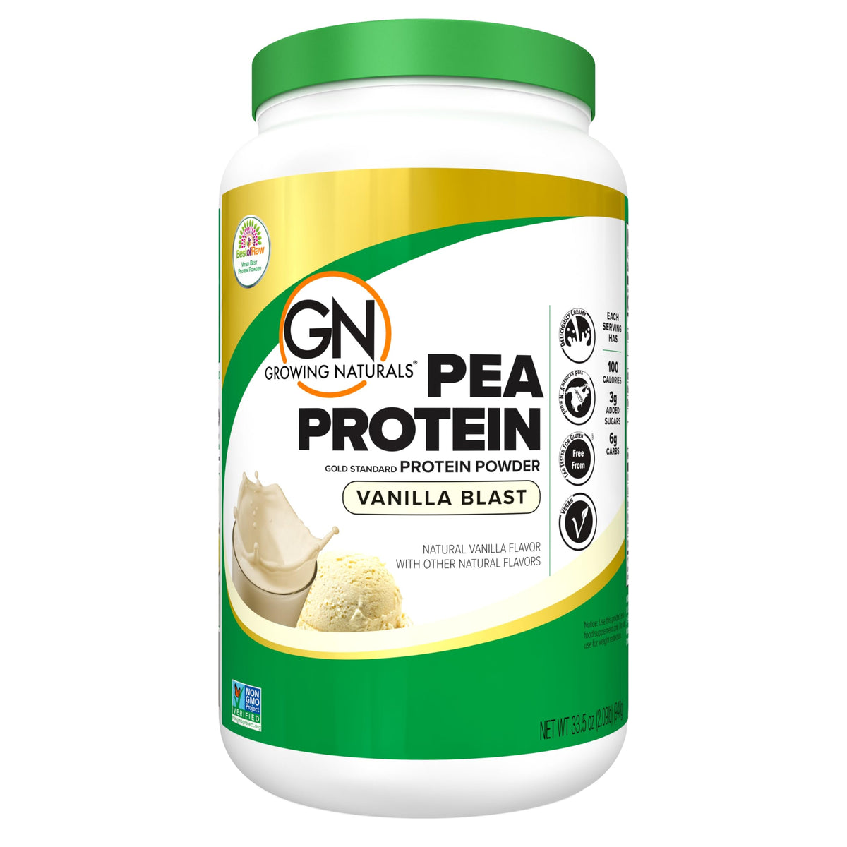Growing Naturals envase frontal Vainilla Blast mostrando beneficio de proteína vegana