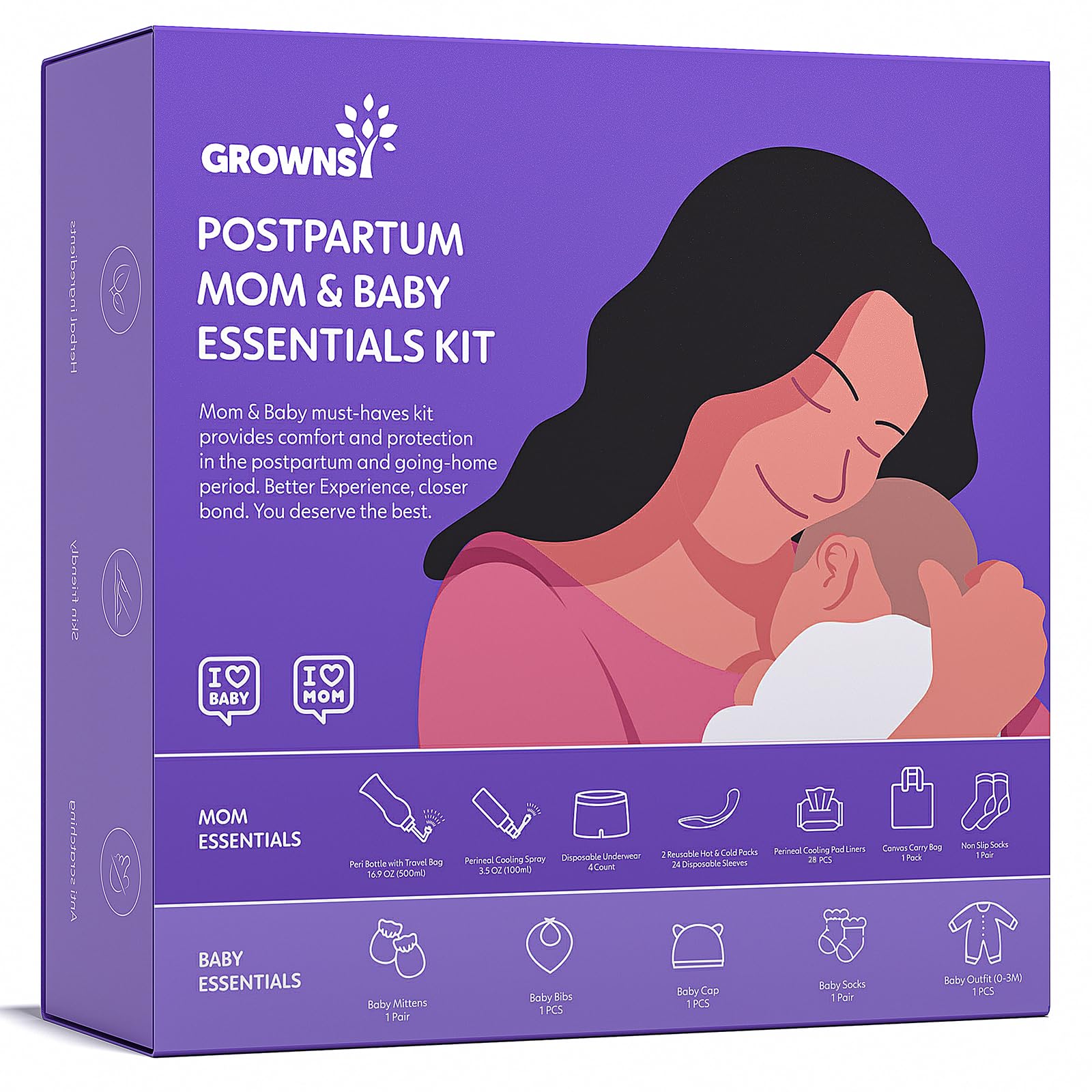 GROWNSY frente del kit posparto con todos los accesorios para comodidad