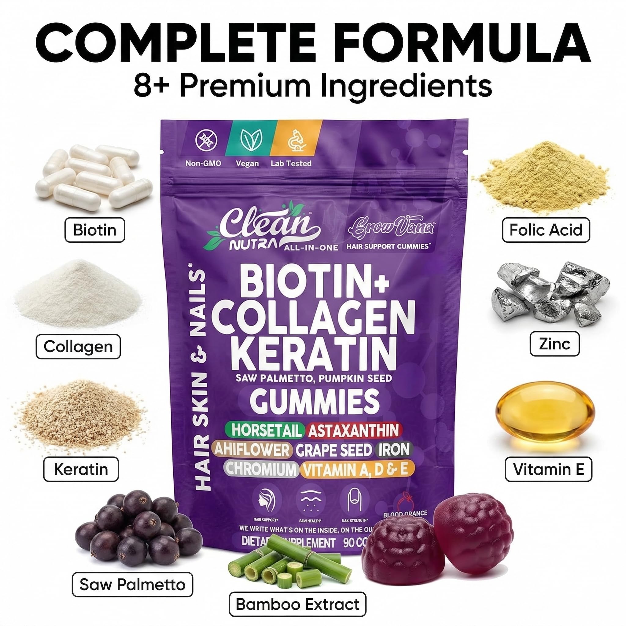 Etiqueta GrowVana ingredientes cercana destaca colágeno y biotina