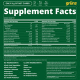 Enfoque en etiqueta nutricional Grüns mostrando vitaminas metiladas y contenido de fibra