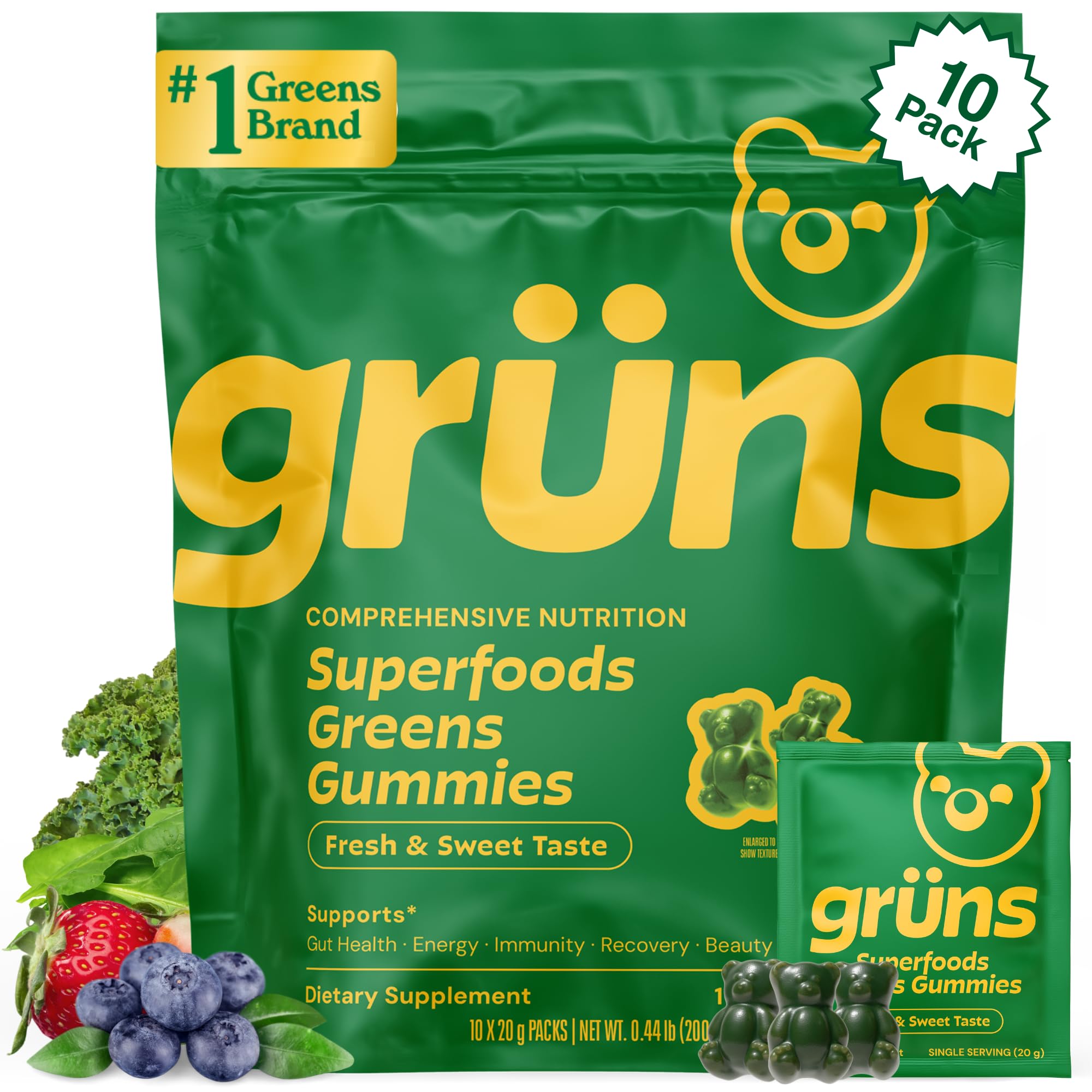 Grüns frente del empaque mostrando paquetes individuales y marca para conveniencia diaria