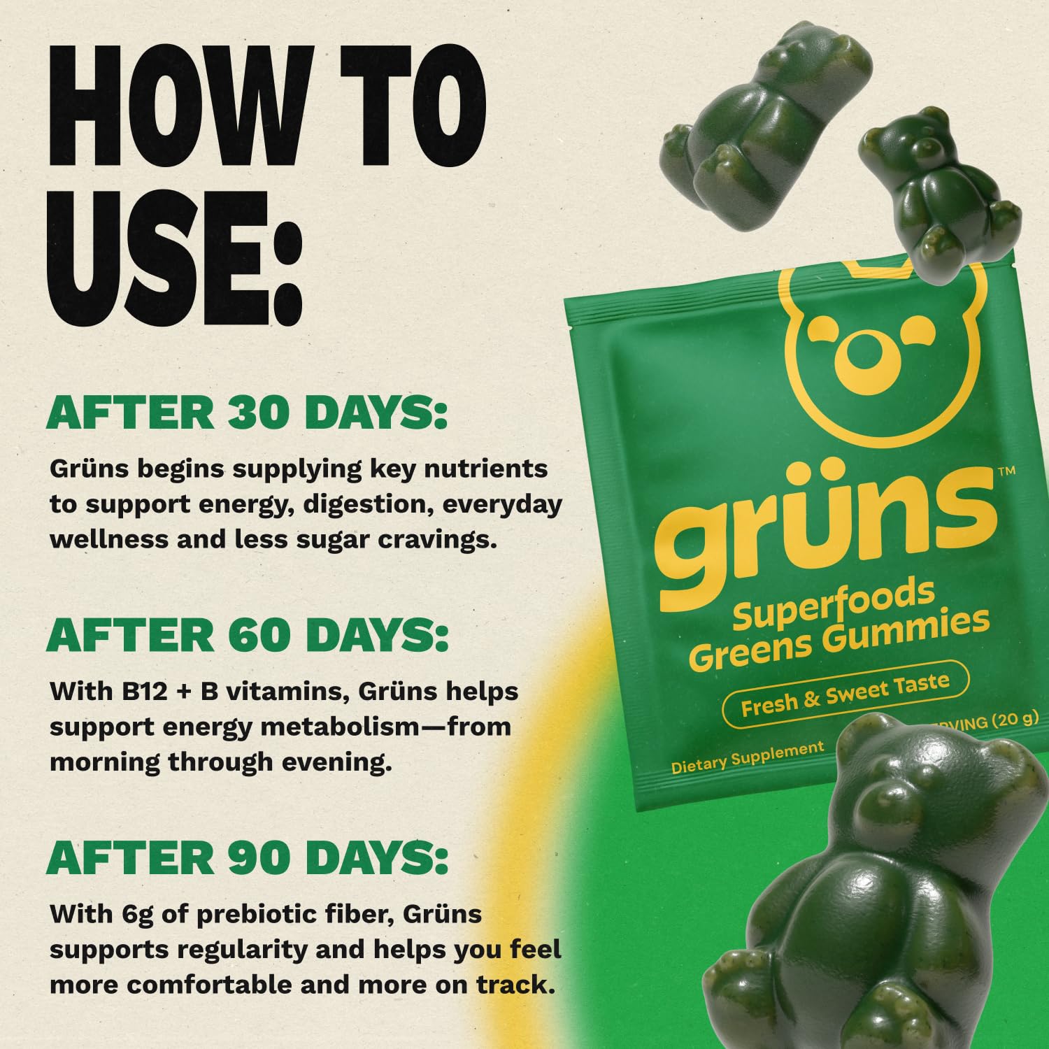Grüns gomitas en bol junto a frutas que sugieren apoyo nutricional