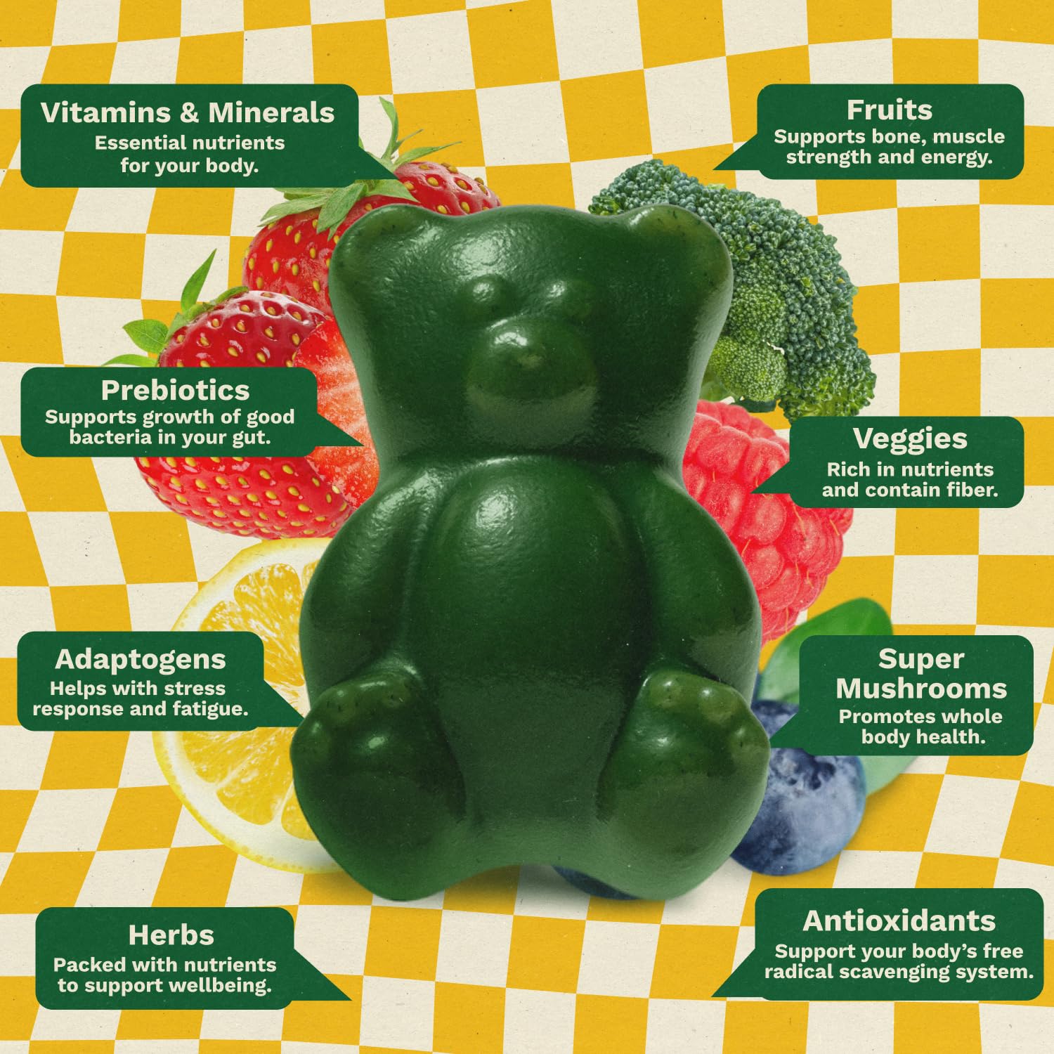 Grüns gomitas en la mano para comparar tamaño y porciones