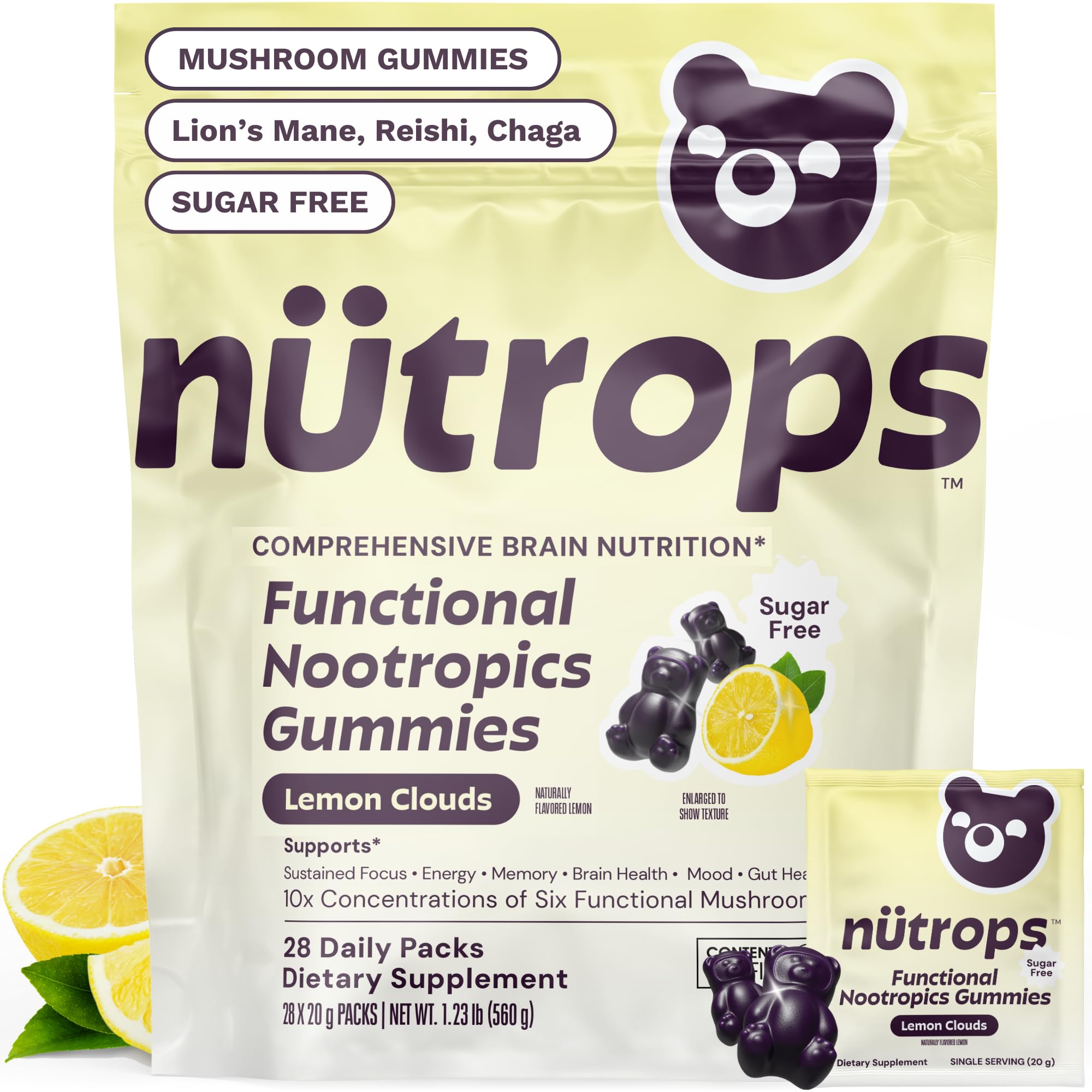 Grüns Nutrops paquete frontal mostrando enfoque y conveniencia