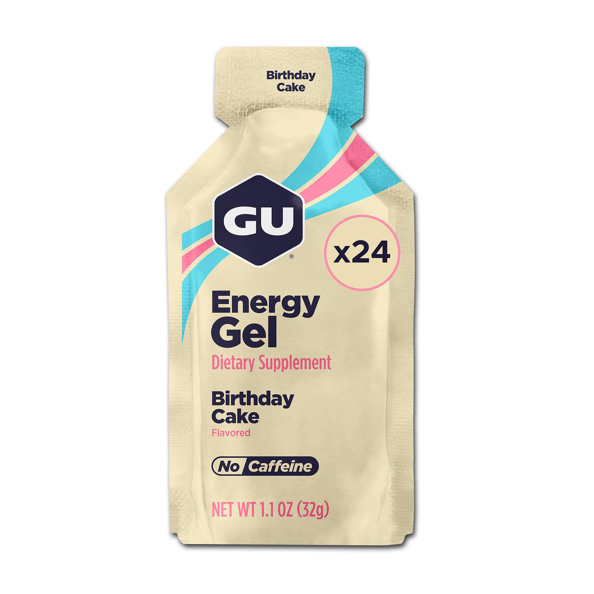 GU Energy frontal del paquete de 24 sobres mostrando diseño y cantidad, fácil transporte