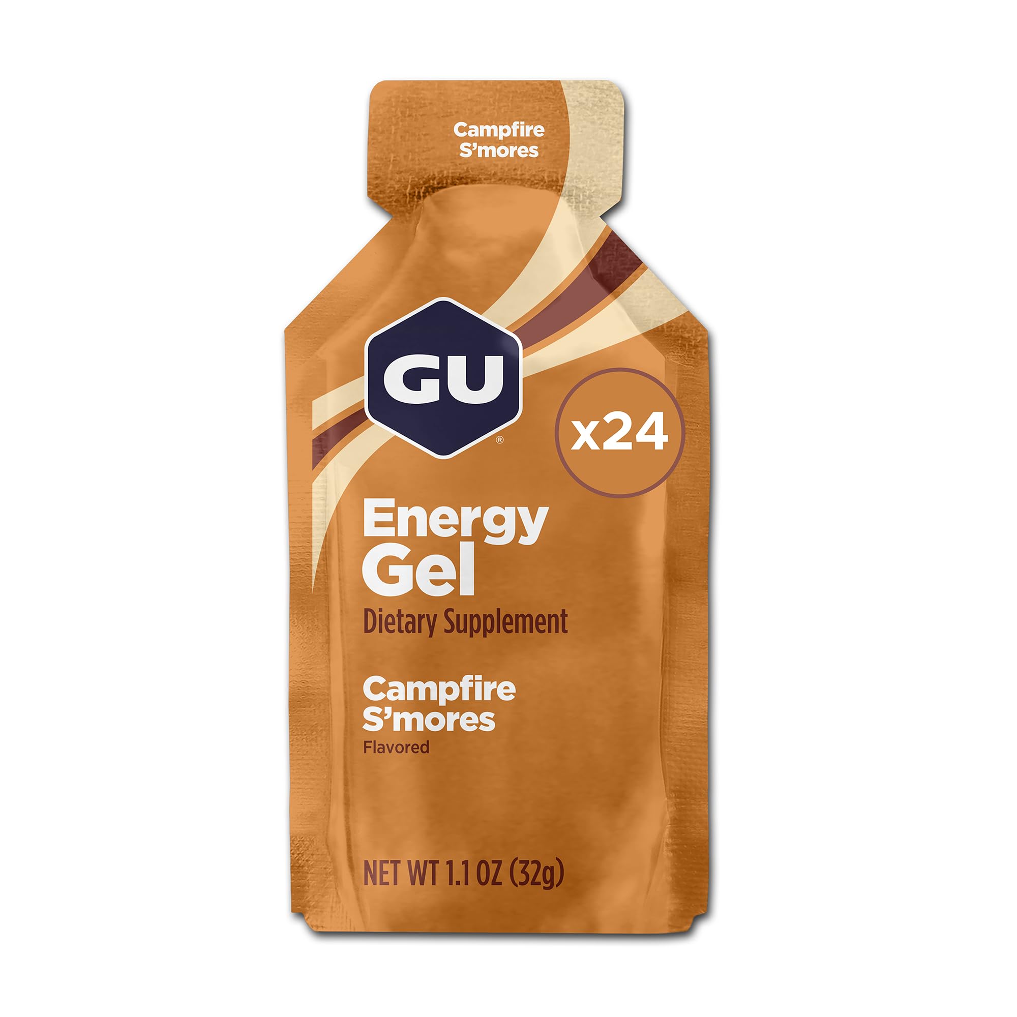GU Energy frente del empaque muestra 24 sobres y conveniencia portátil