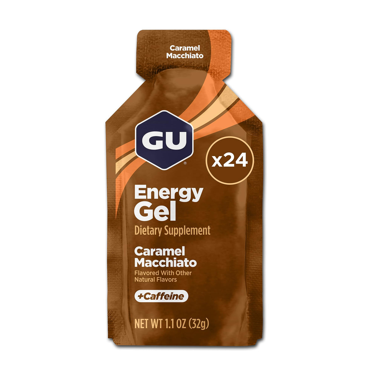 GU Energy empaque frontal Caramel Macchiato mostrando presentación y beneficio energético