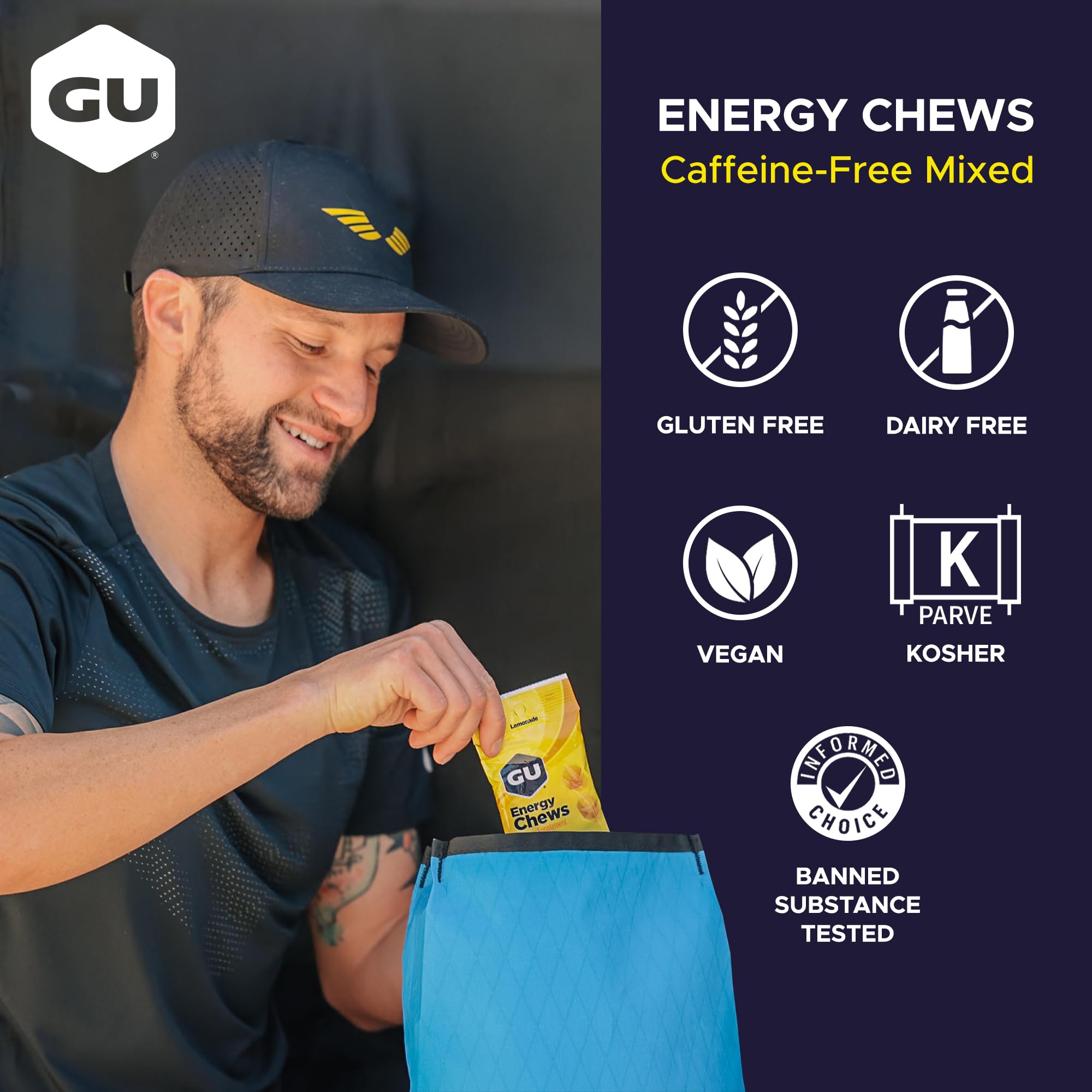 GU Energy gomita en mano mostrando tamaño portátil y consumo práctico