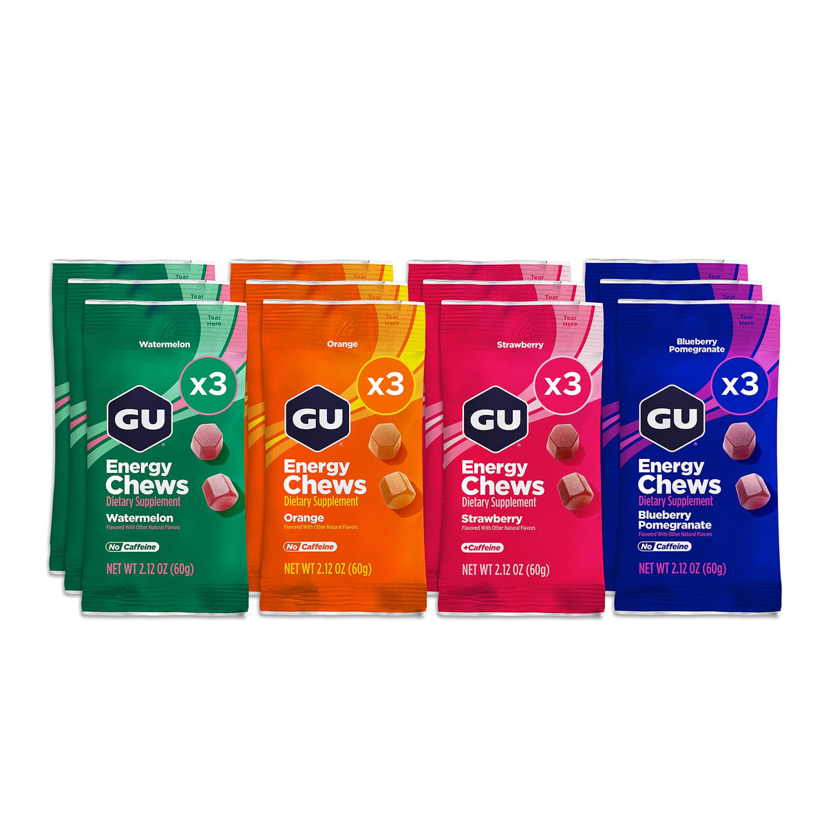 GU Energy empaque frontal mostrando cantidad y variedades, fácil identificación
