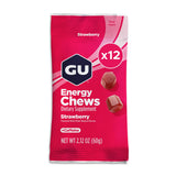 GU Energy chews fresa frente del empaque mostrando bote portátil y beneficios