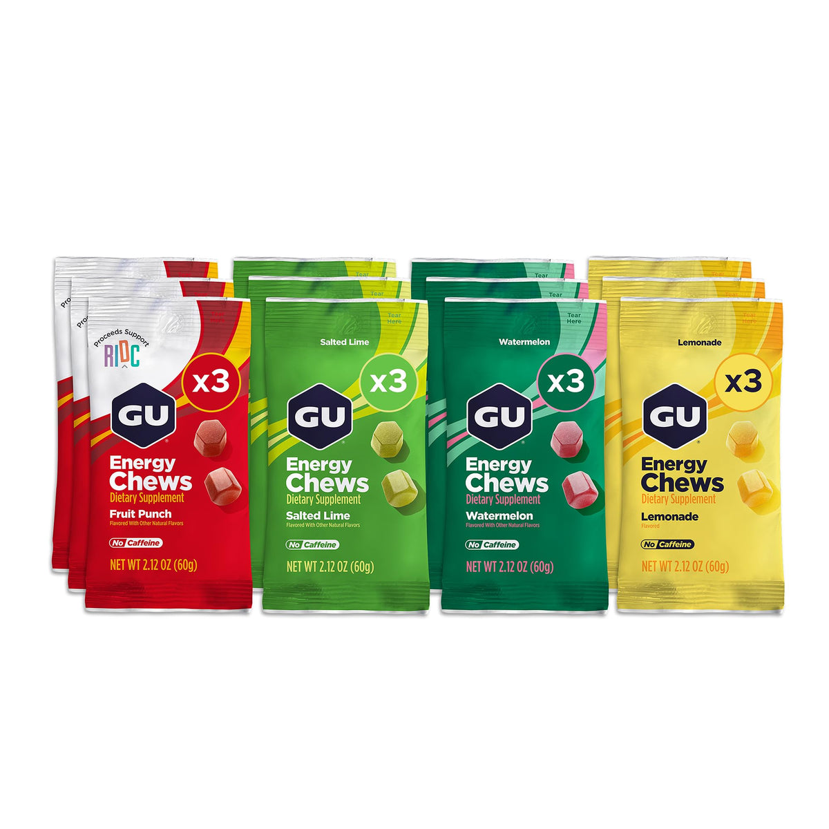 GU Energy paquete frontal con 16 gomitas y beneficios energéticos visibles