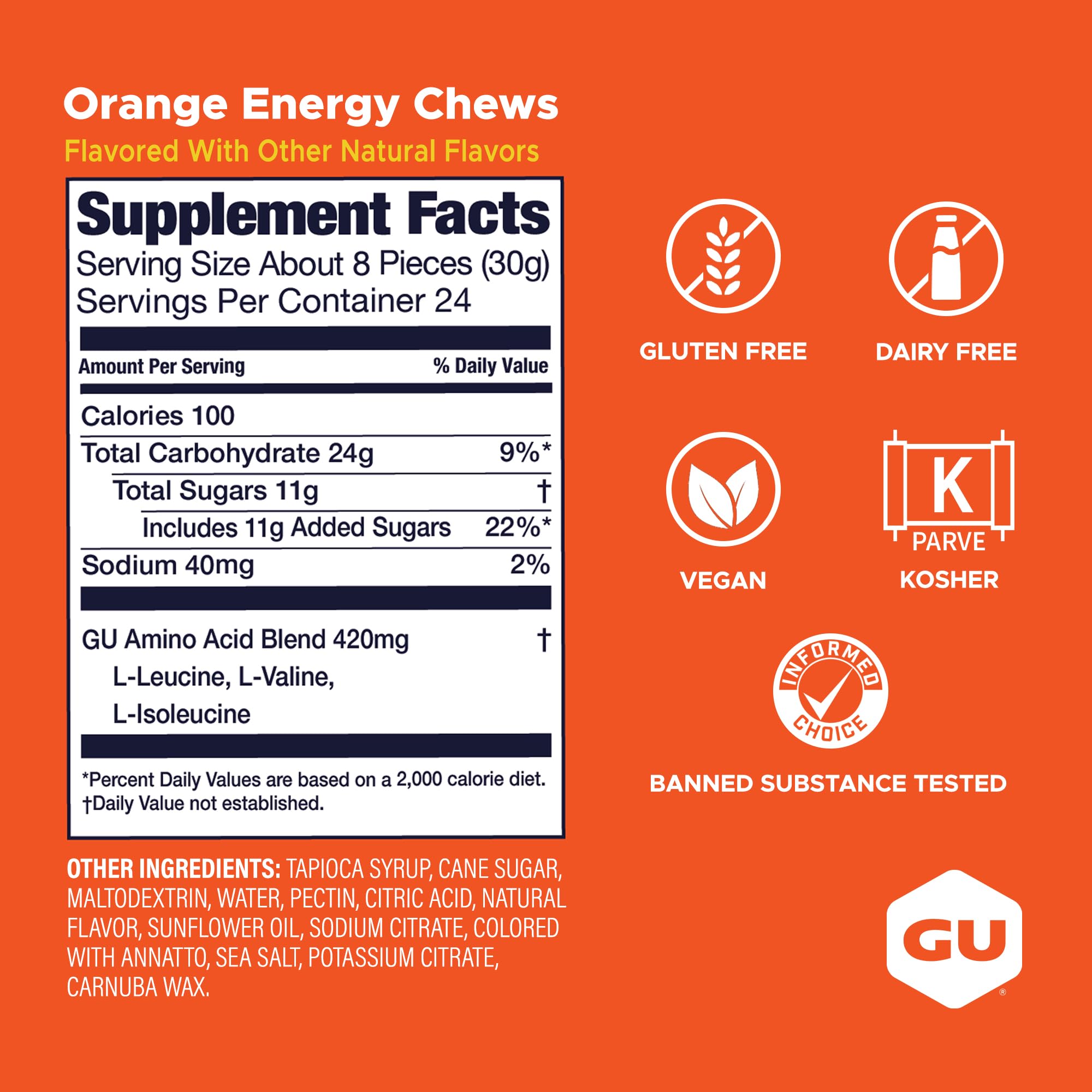 Bolsa de GU Energy Chews naranja en mano para comparar tamaño y portabilidad