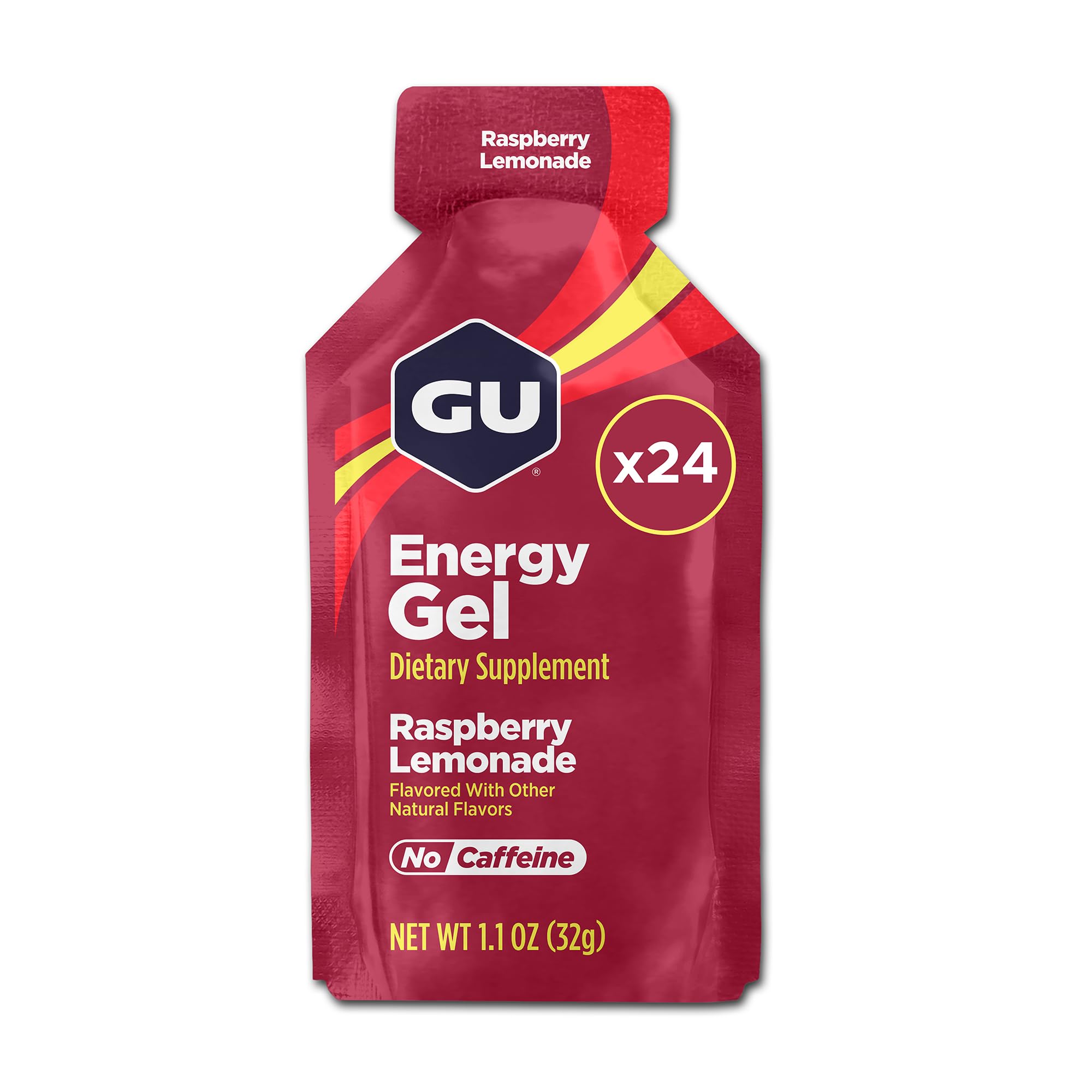GU Energy gel paquete frontal mostrando 24 sobres y beneficio portátil