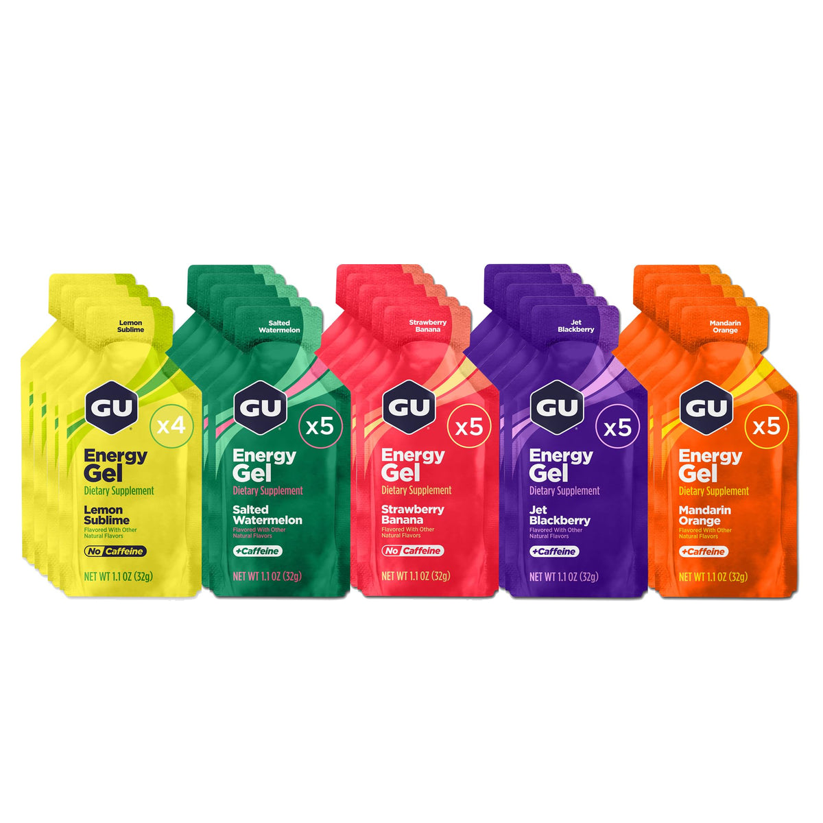 GU Energy paquete frontal mostrando variedad de sabores y portabilidad